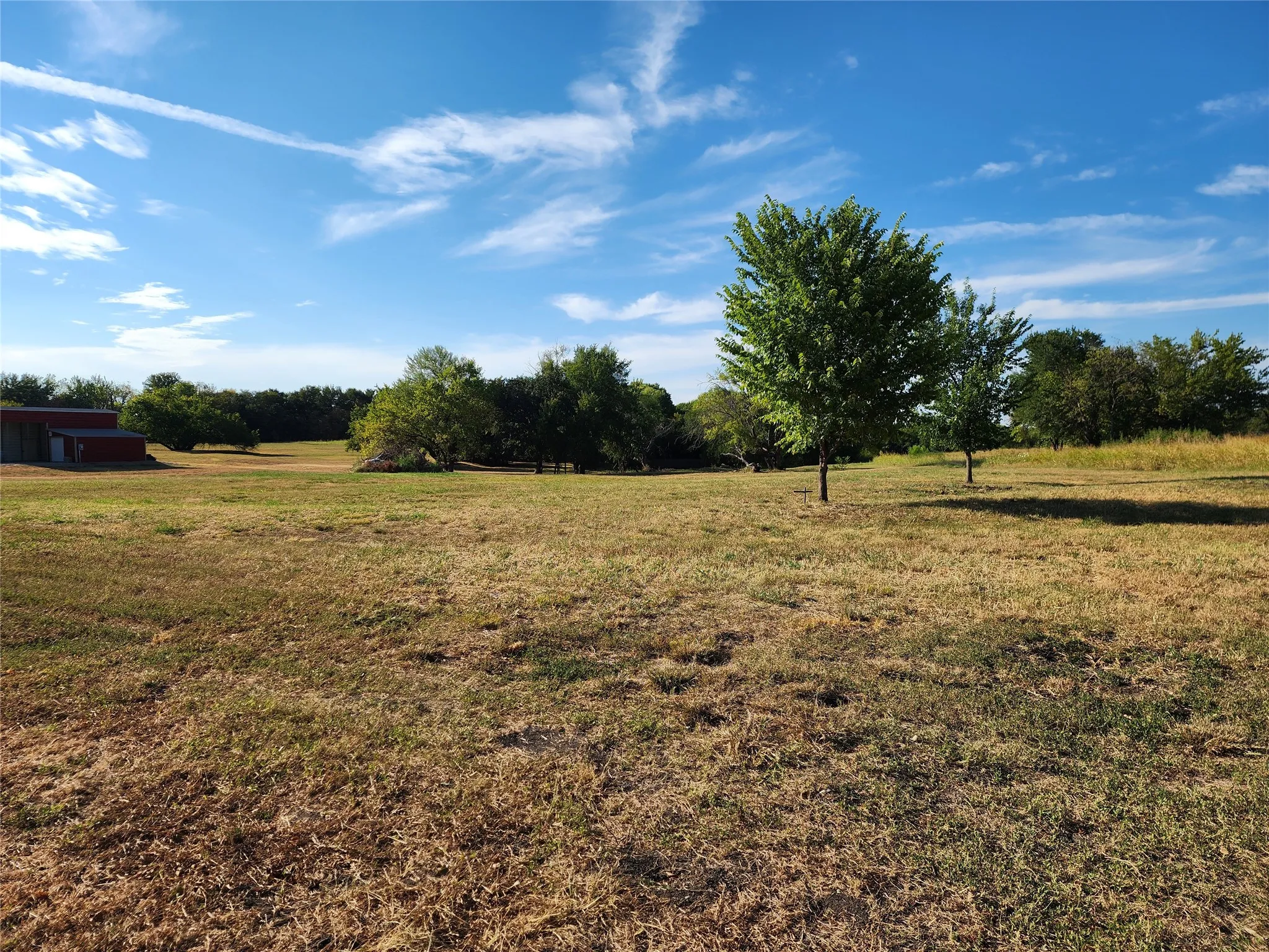 Expansive outdoor space featuring a large open field and mature trees