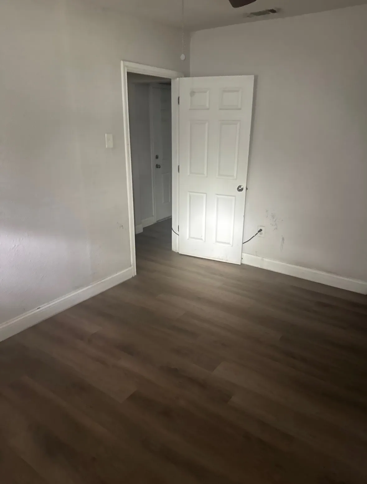 Wood-finish flooring, white trim, and a ceiling-mounted fan