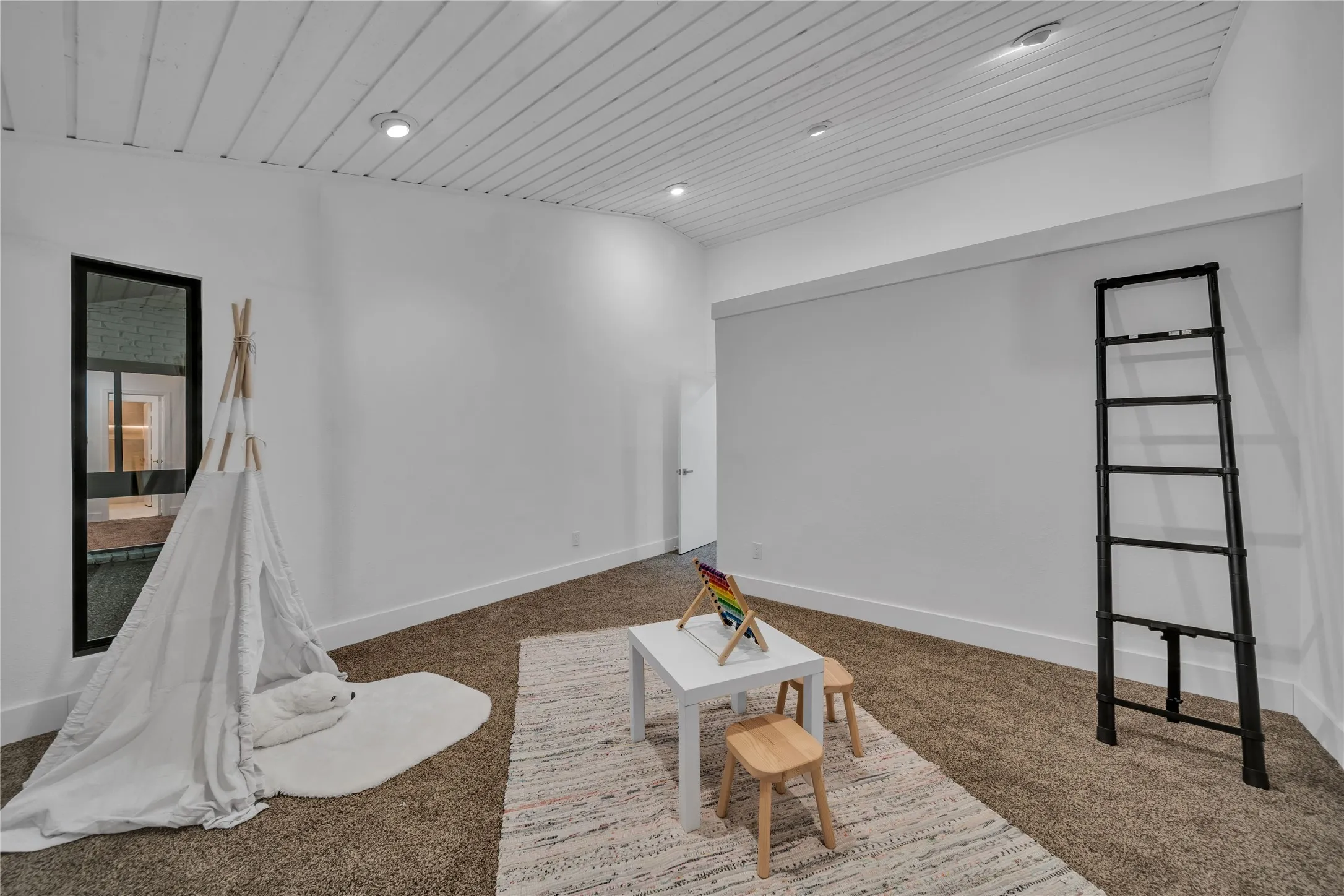 Game room with recessed lighting, wooden ceiling, carpet, and baseboards