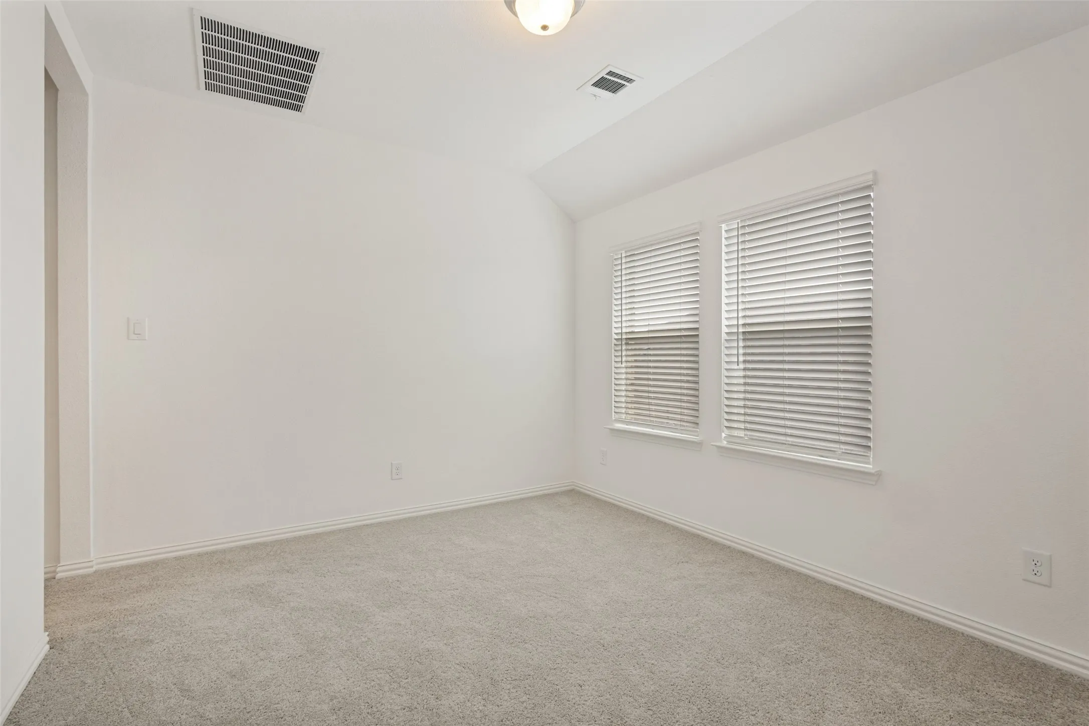 Neutral wall color, two windows with blinds, light gray carpet, and white trim