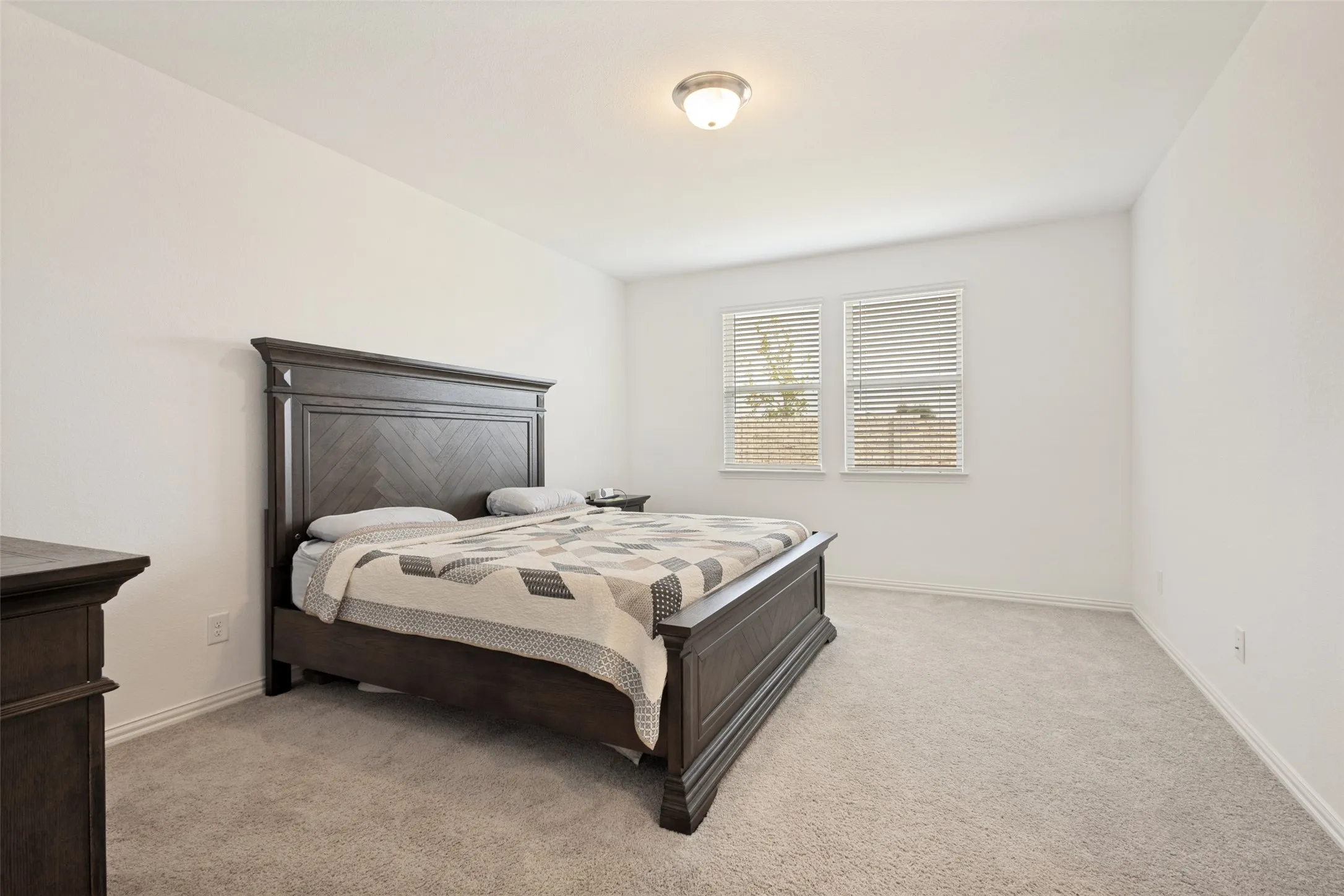 Neutral color palette with light-toned walls and plush carpeting, featuring a ceiling-mounted light fixture and dual windows with blinds