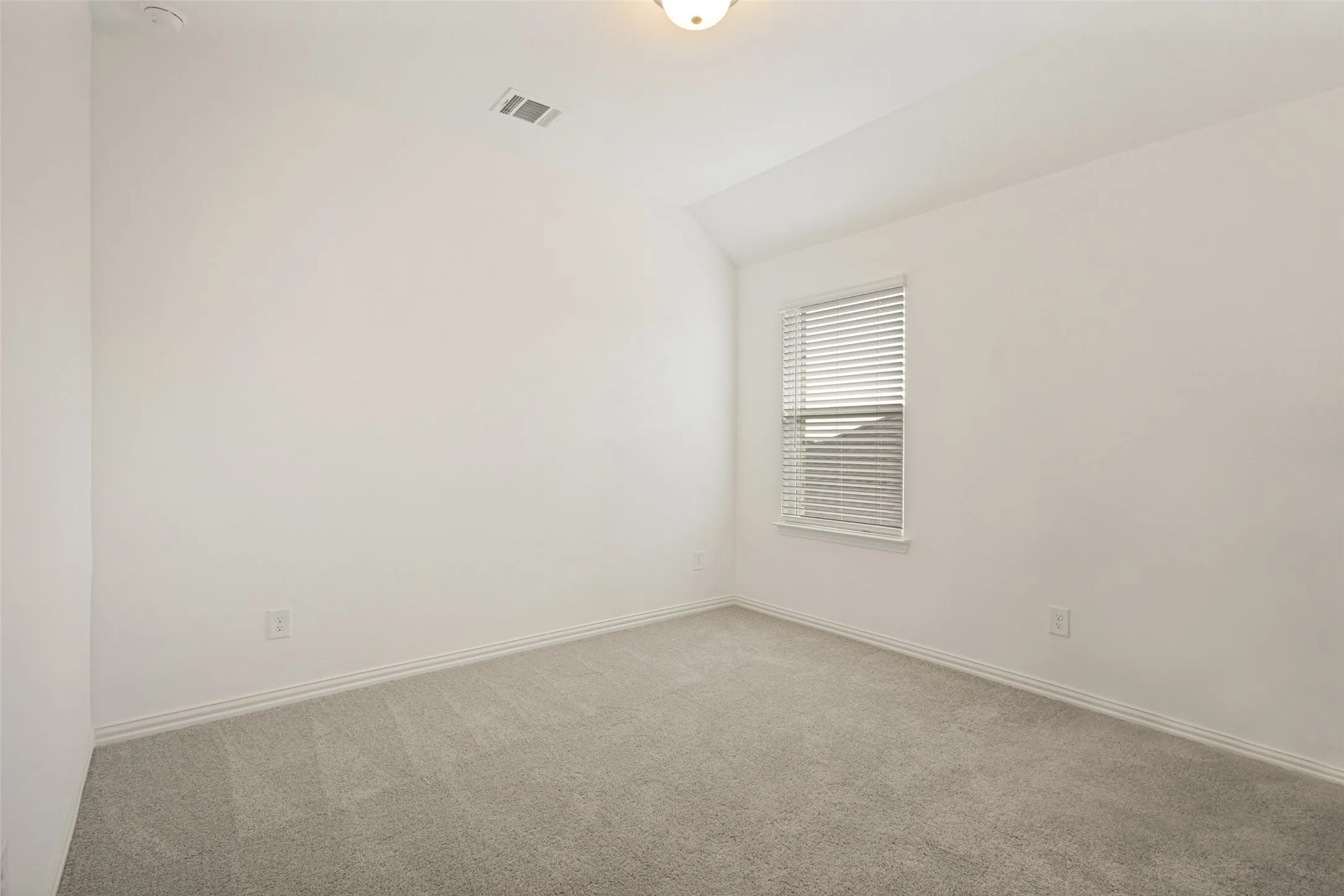 Neutral-toned carpeting, white walls, and a single window with horizontal blinds