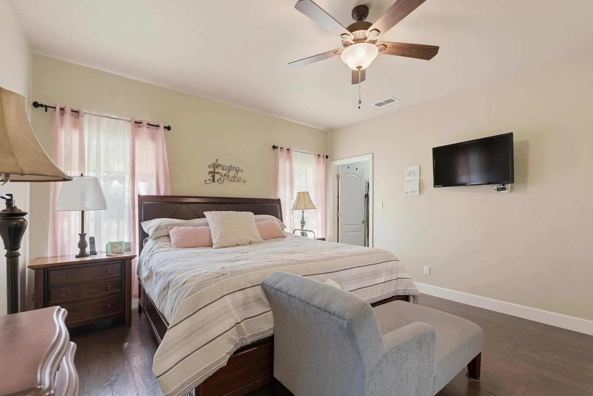 Wood-finish flooring with light-toned walls