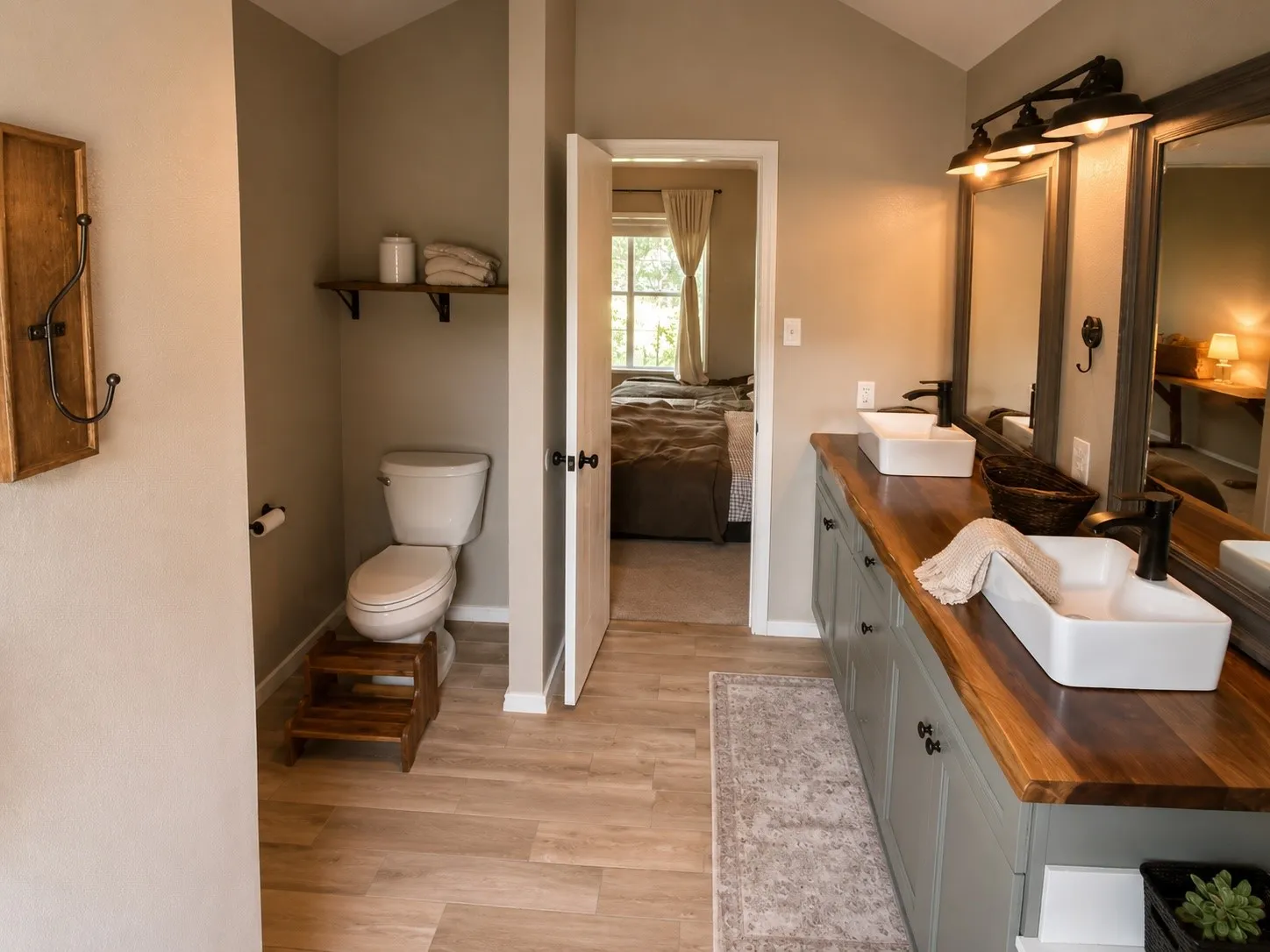 Bathroom featuring a dual vanity with vessel sinks, wood-finish countertop, and matte black fixtures