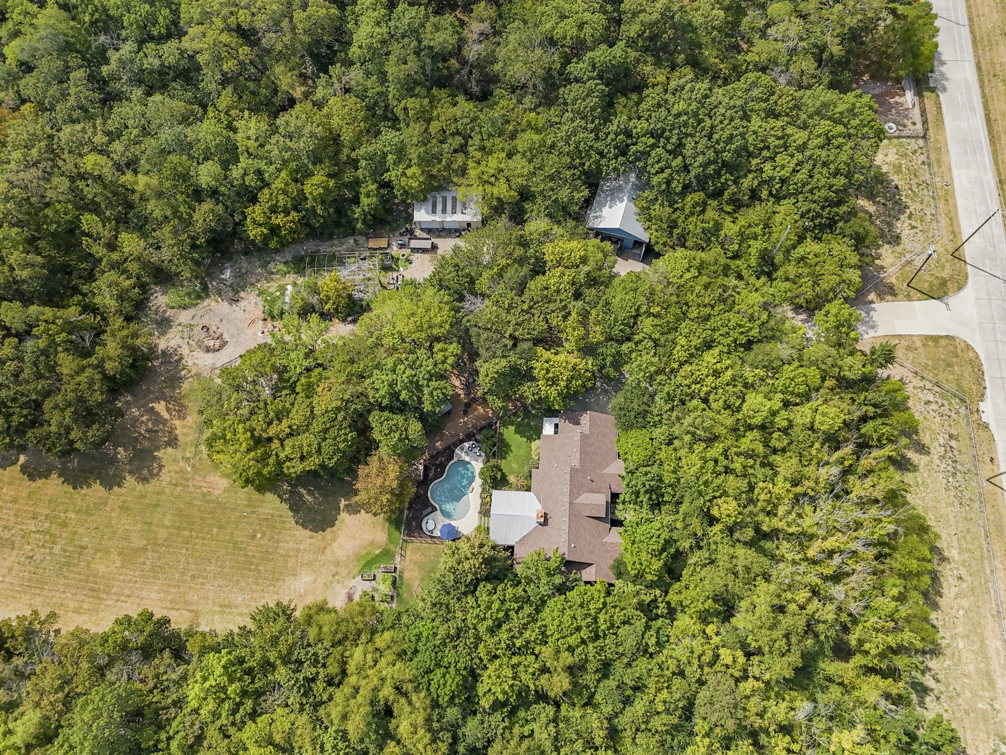 Curved swimming pool with adjacent spa, extensive surrounding tree canopy, and a nearby detached structure