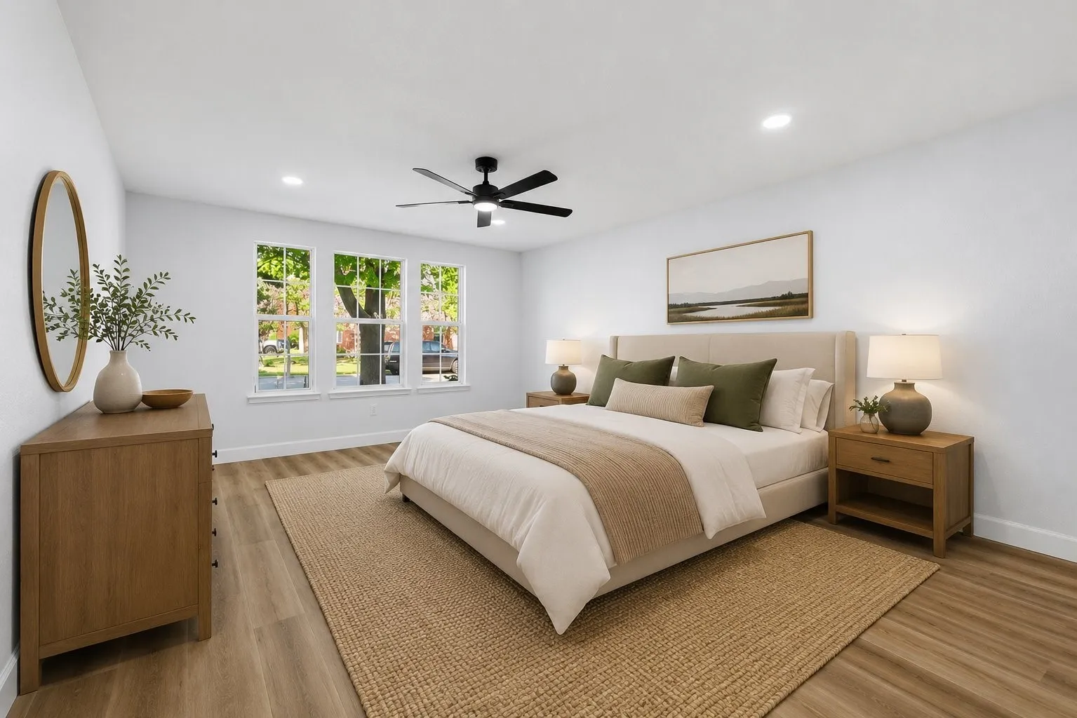 Recessed lighting, wood-finish flooring, a ceiling fan, and multiple windows with white trim