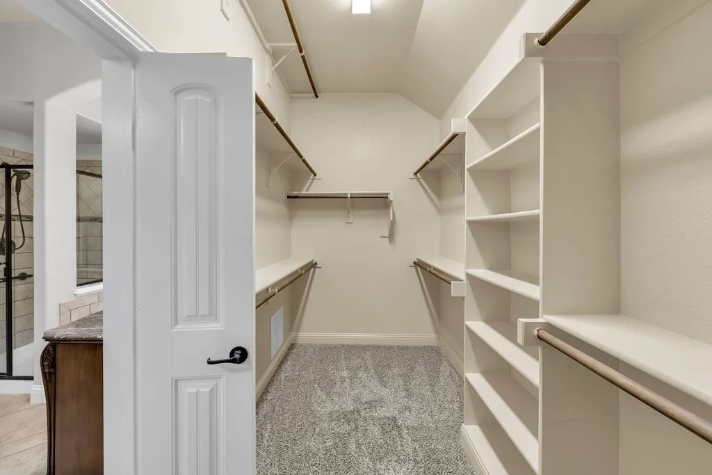 Walk-in closet featuring carpet flooring, built-in shelving, and hanging rods