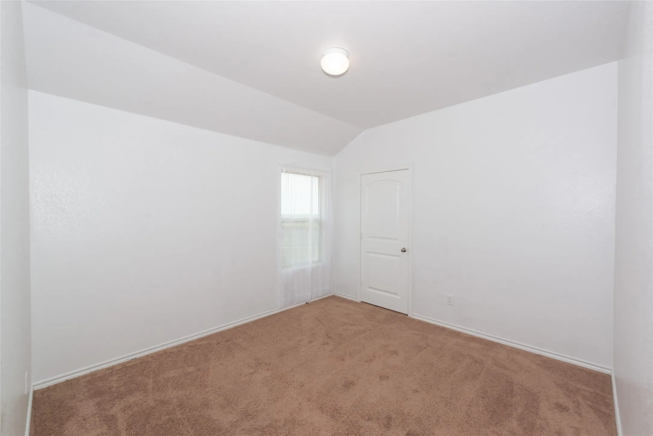 Interior room featuring a textured white wall finish, brown carpet flooring, and a white interior door
