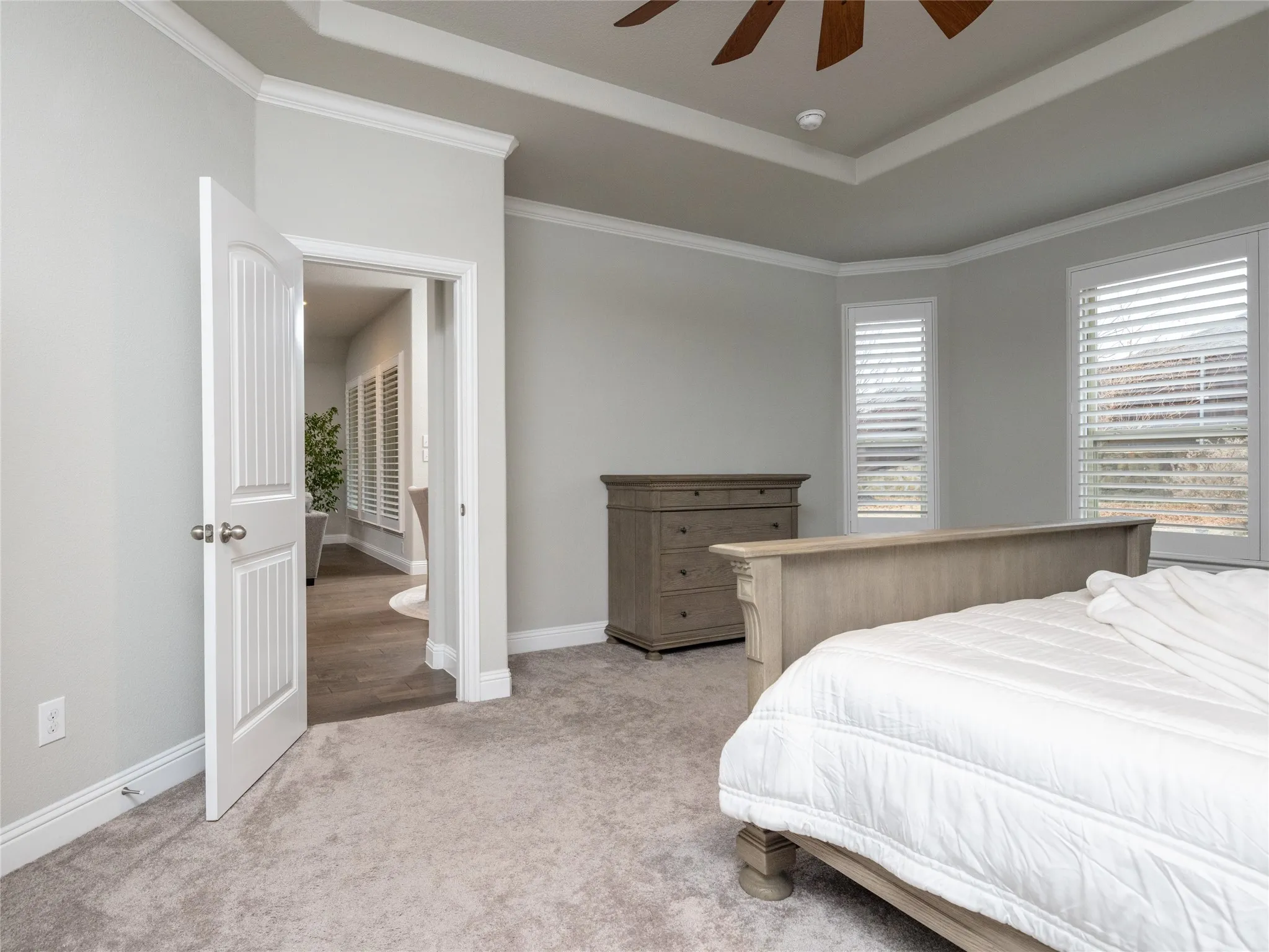 Recessed ceiling with crown molding, carpet flooring, plantation shutters, and a ceiling fan