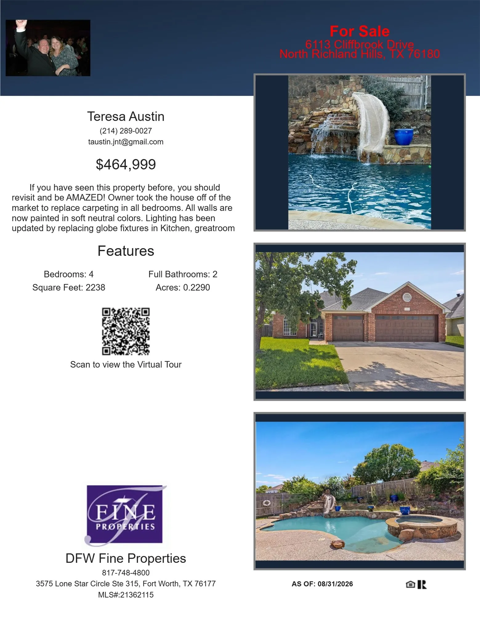 Real Estate Listing. Presenting property details, contact information, and images for the listed residence