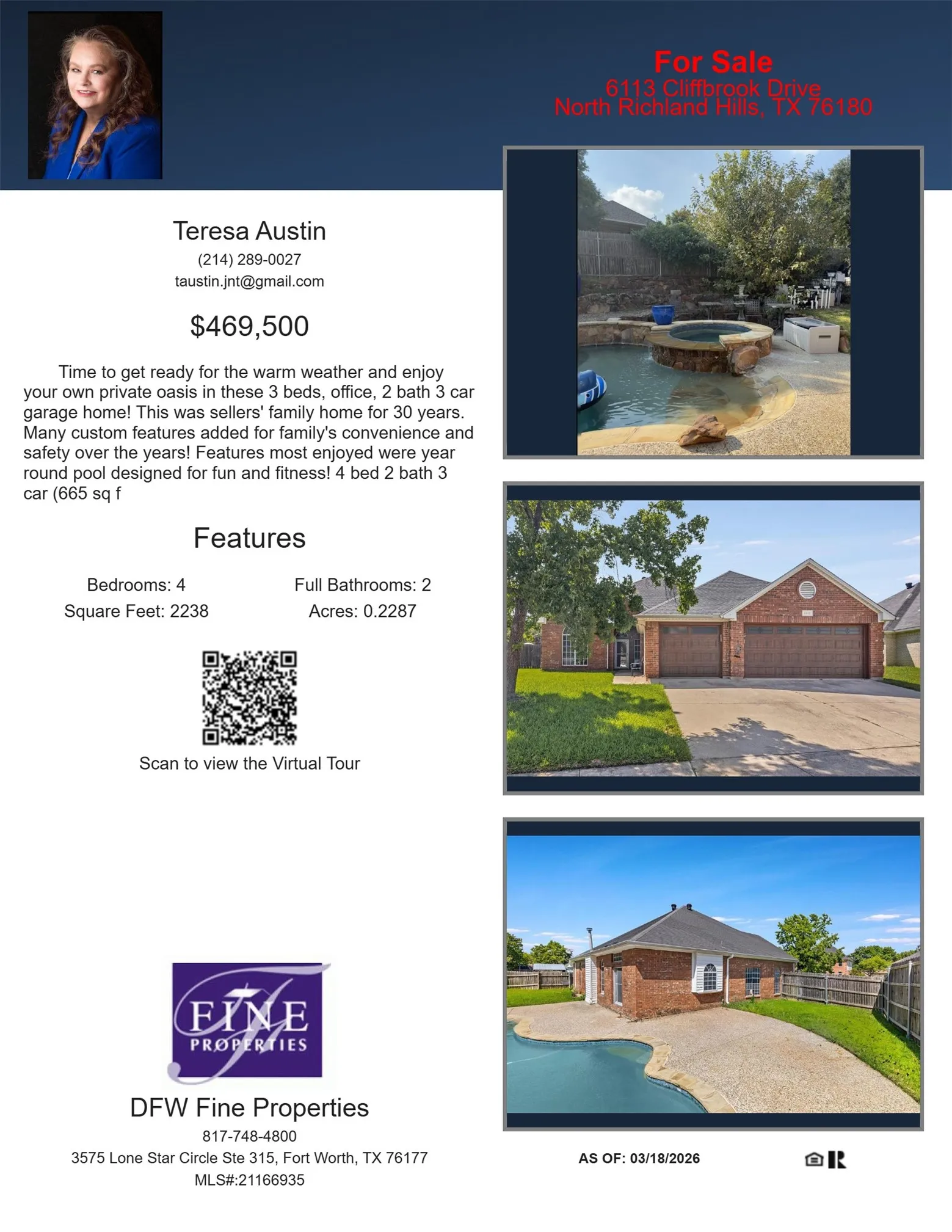 Real Estate Listing. Presenting property details, including features, contact information, and images
