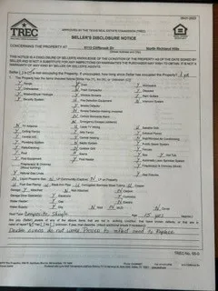 Seller's Disclosure Notice. Detailing property condition and features for the property