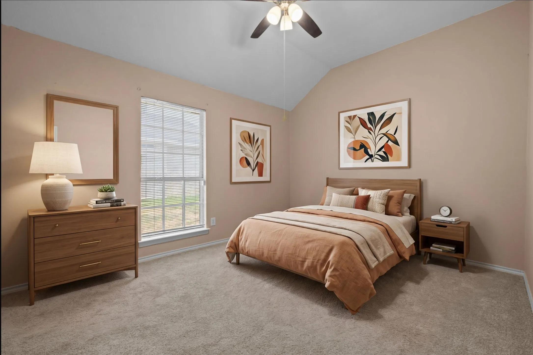 High ceiling with a ceiling fan, new carpeted flooring, and a large window with blinds