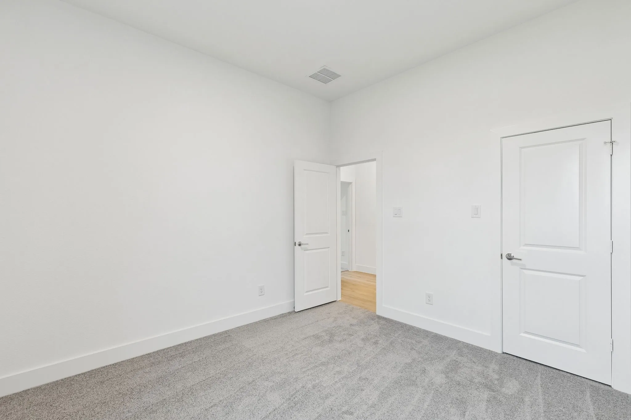 Neutral wall paint, light gray carpeting, and white trim