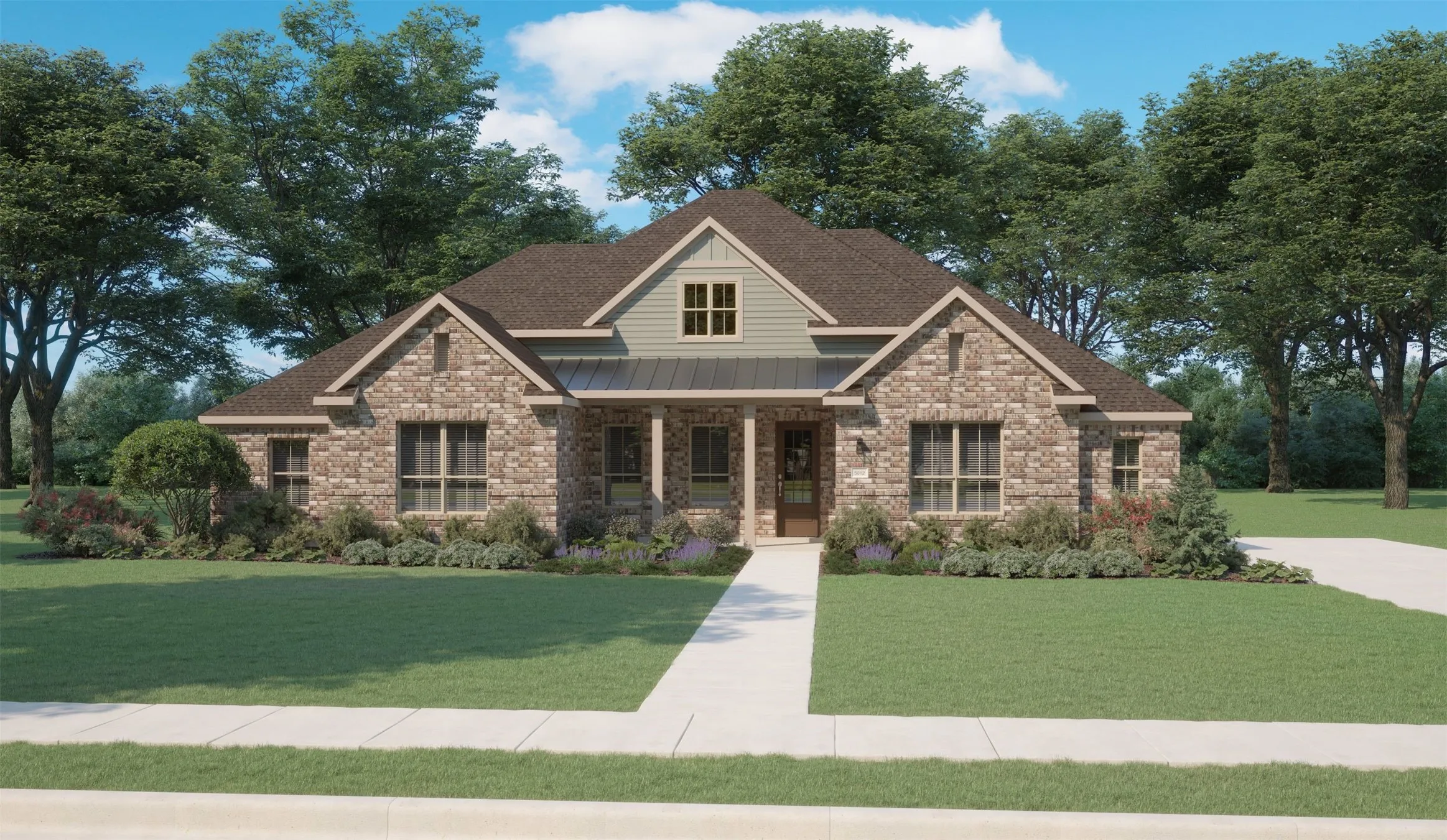 Stone and siding exterior with a covered porch entry