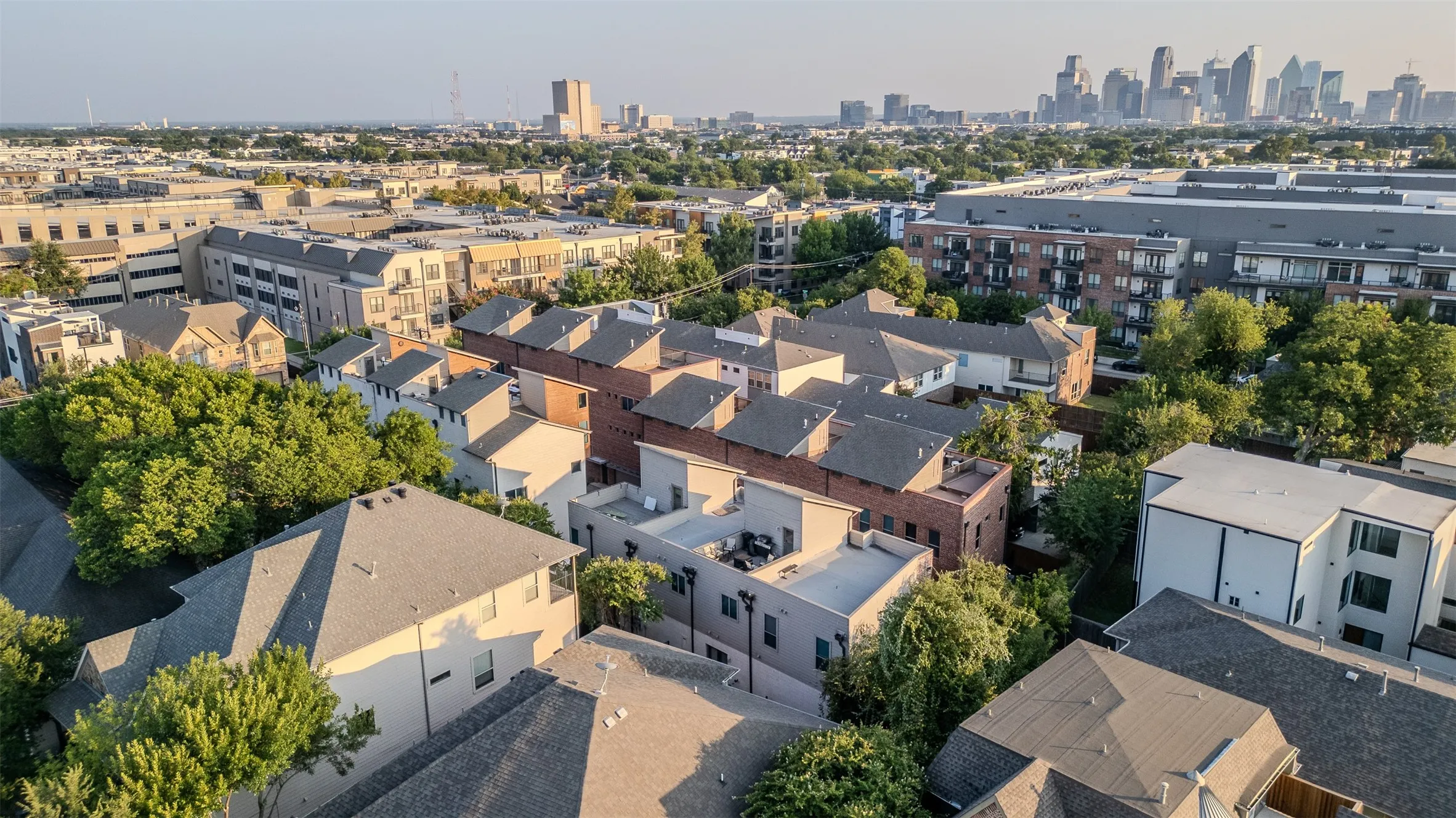 Aerial perspective showcasing urban density with residential and commercial structures