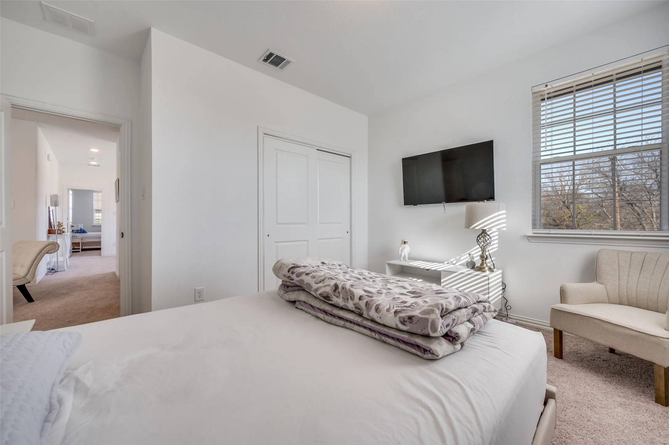 Recessed window with horizontal blinds, neutral carpet flooring, and a double-door closet