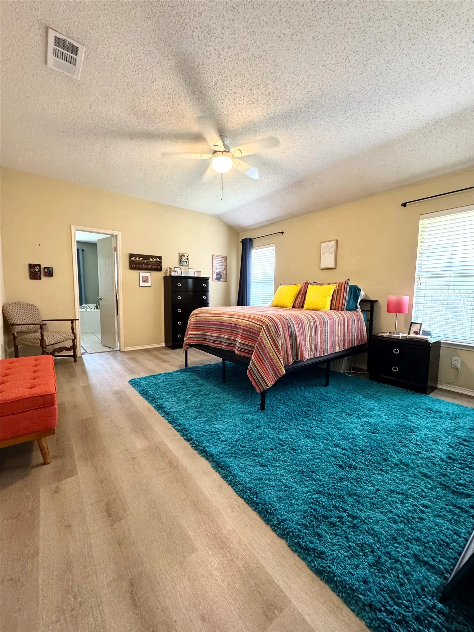 Vaulted ceiling, ceiling fan, wood-finish flooring, two windows with blinds, interior door