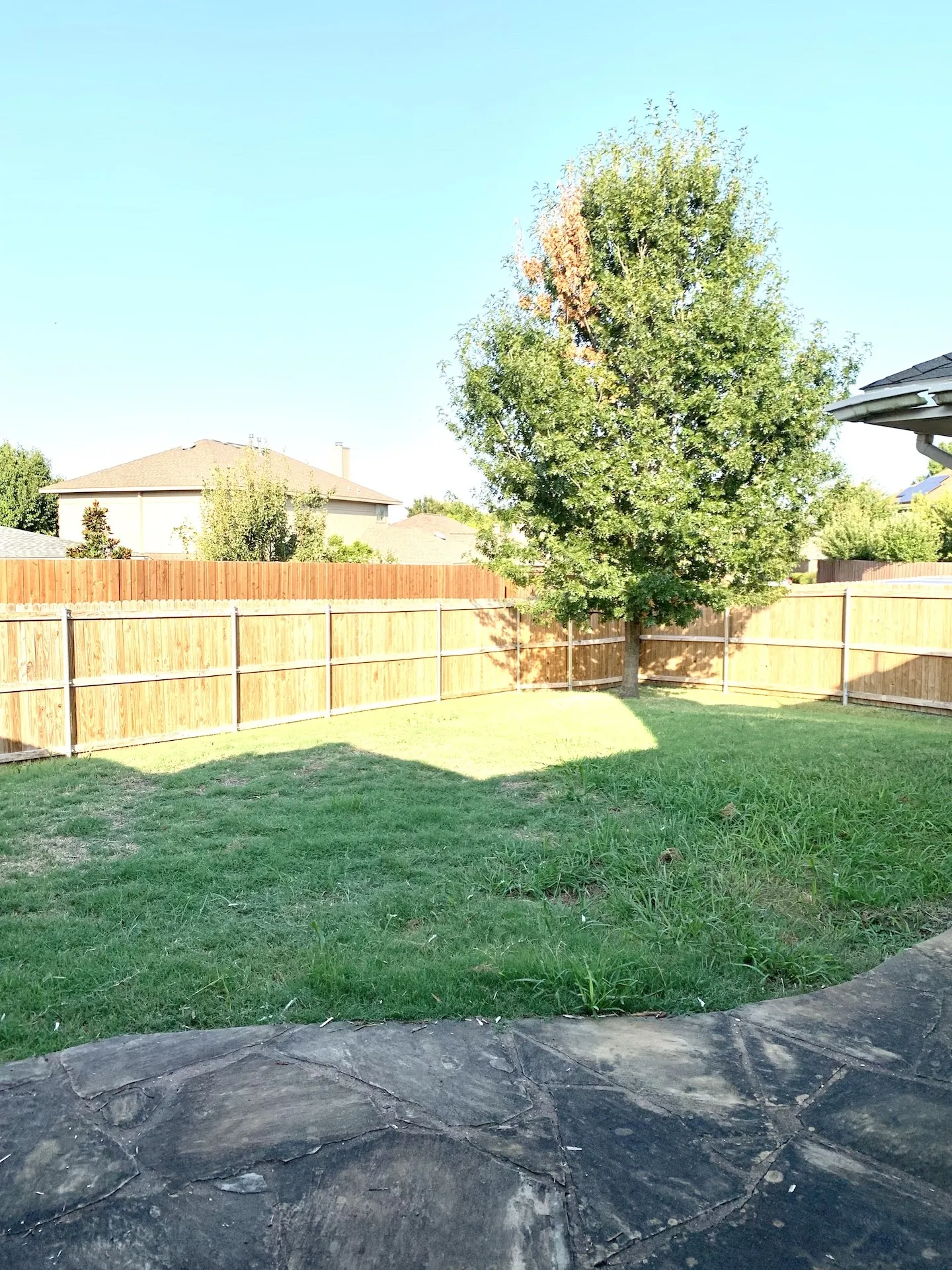 Expansive backyard featuring a natural wood fence, mature tree, and a flagstone patio