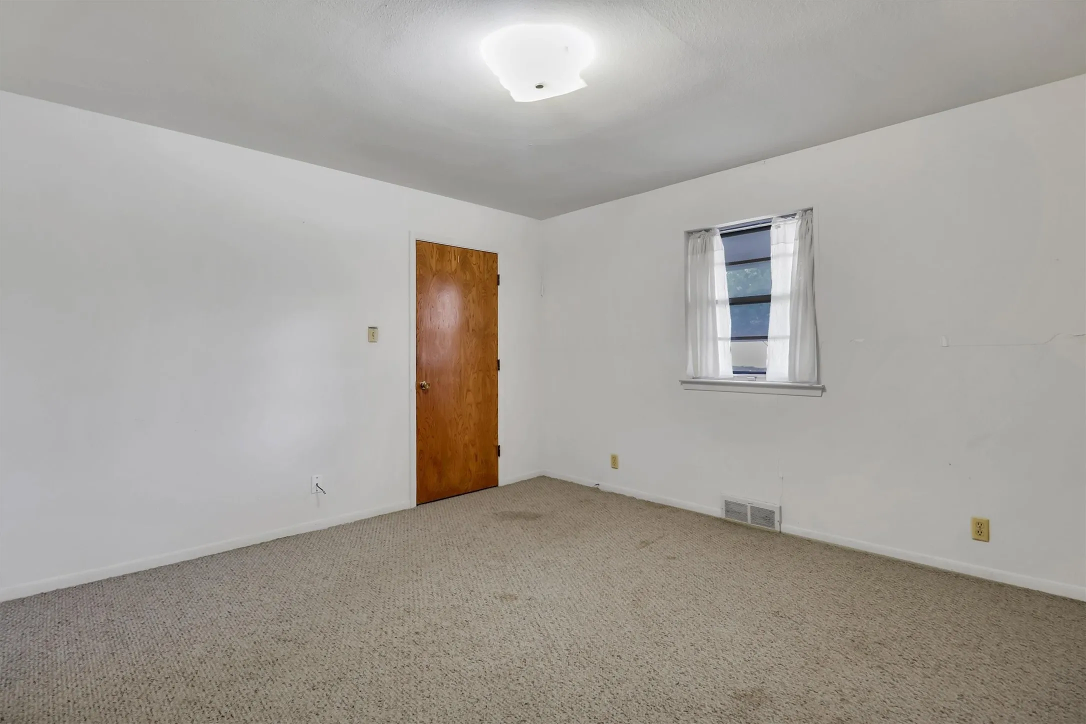 Recessed window with white trim, wood-paneled door, and ceiling-mounted light fixture