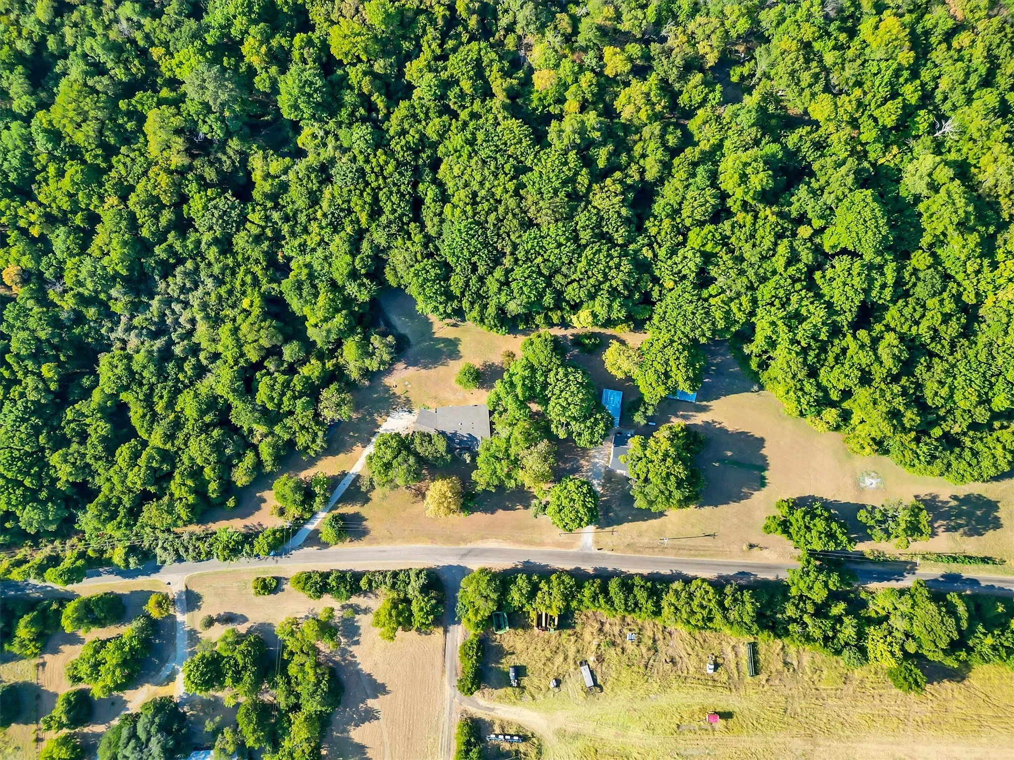 Extensive tree coverage, multiple structures, and a clear road access