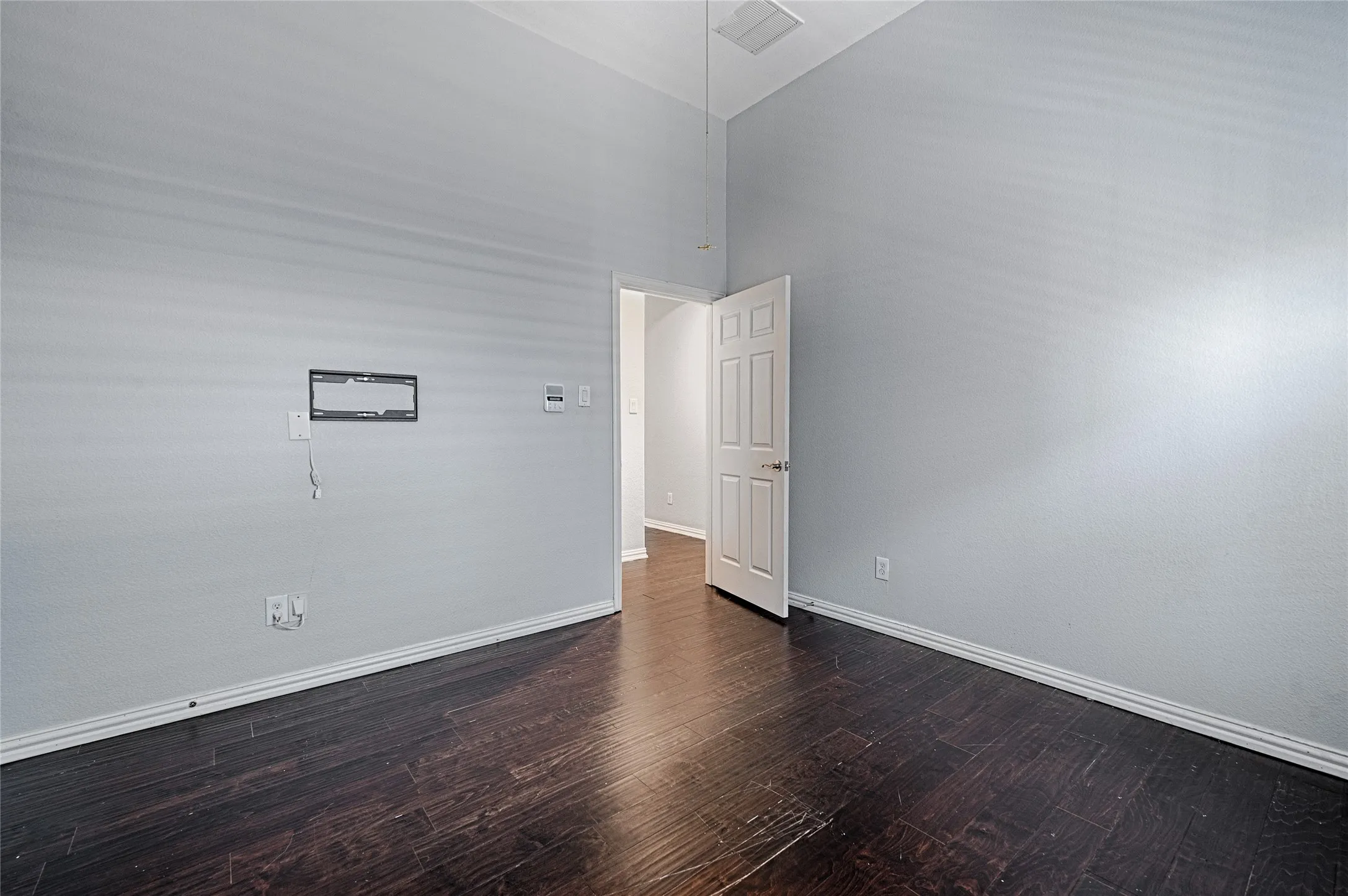 Dark wood-finish flooring with light-toned walls, featuring a four-panel interior door and a ceiling-mounted fixture
