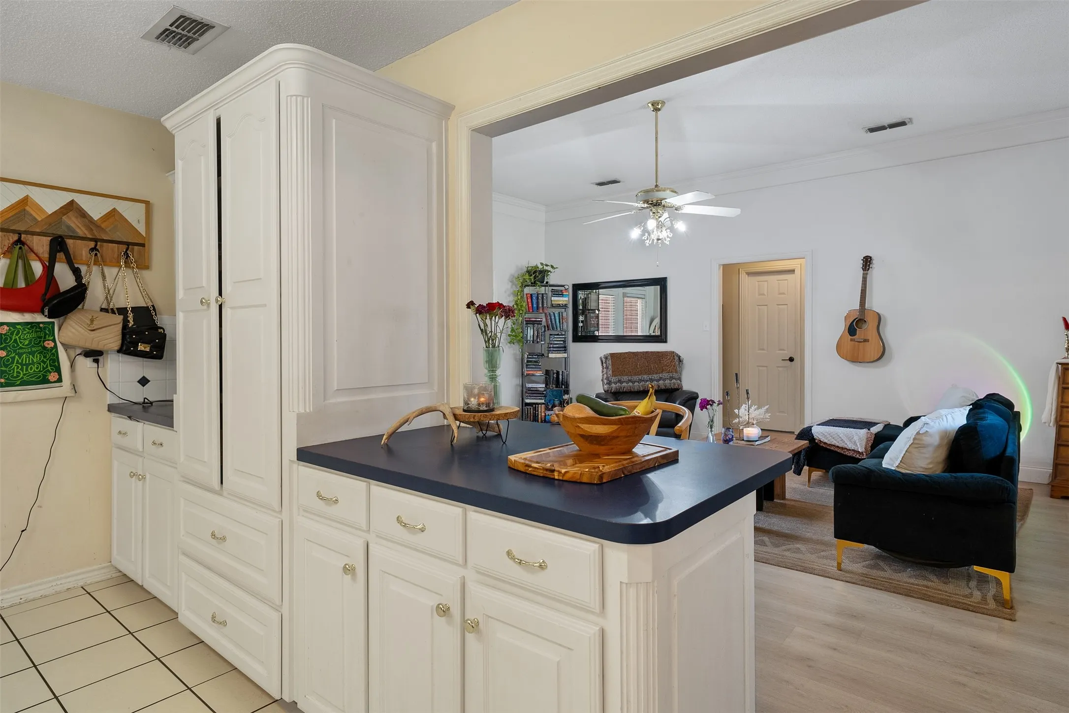 White cabinetry with paneled doors and gold-toned hardware