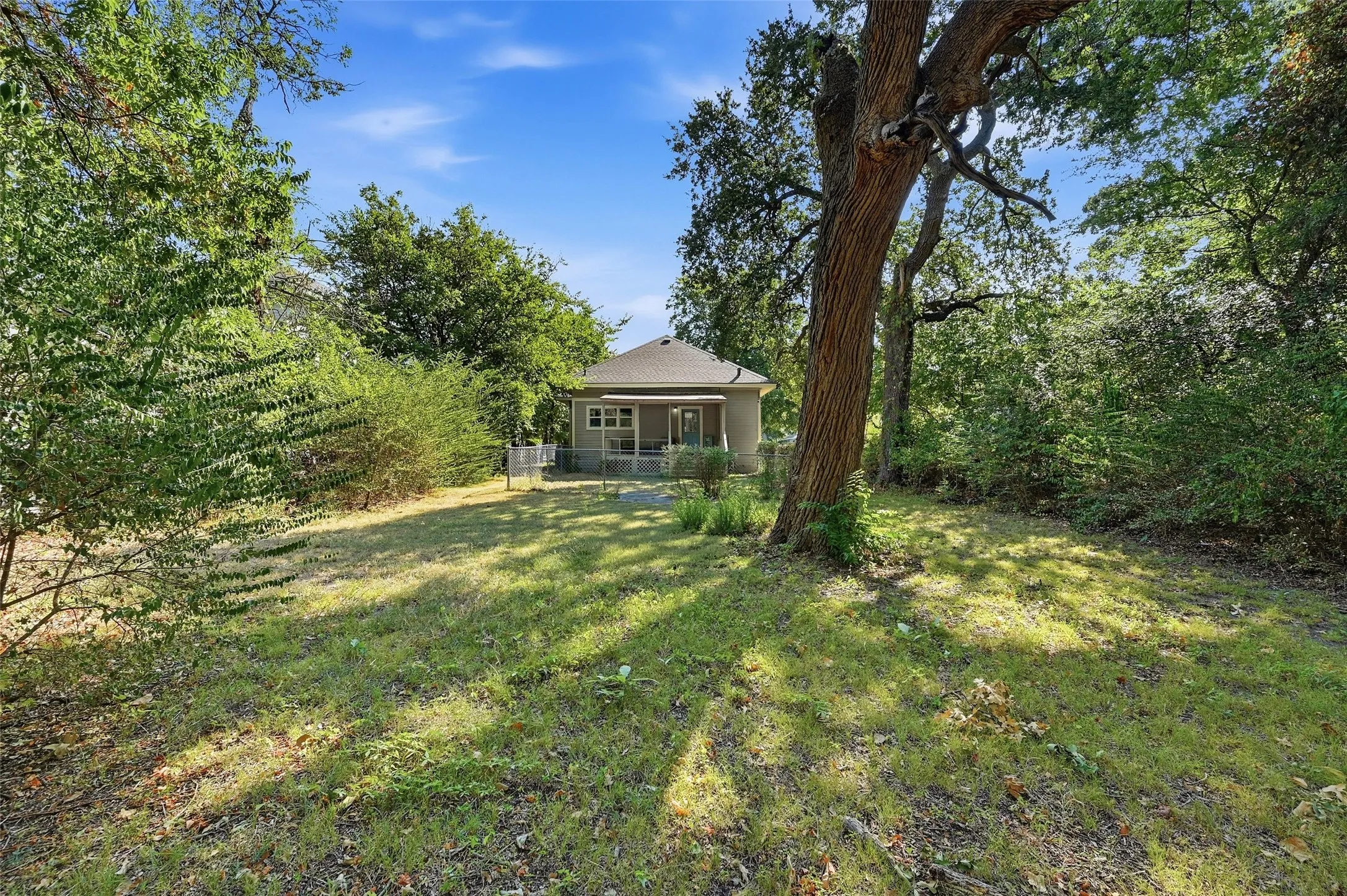 Expansive yard featuring mature trees and established plantings