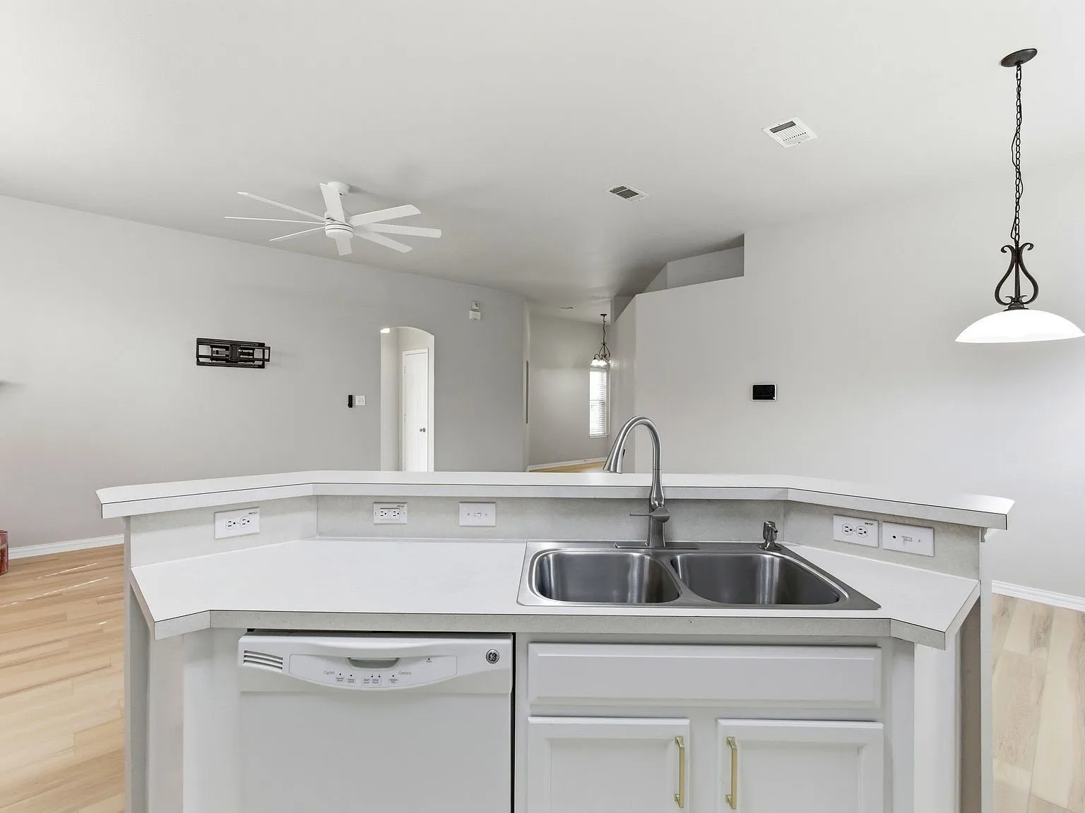 Kitchen island featuring a double basin stainless steel sink, a white built-in dishwasher, and a contemporary pendant light fixture
