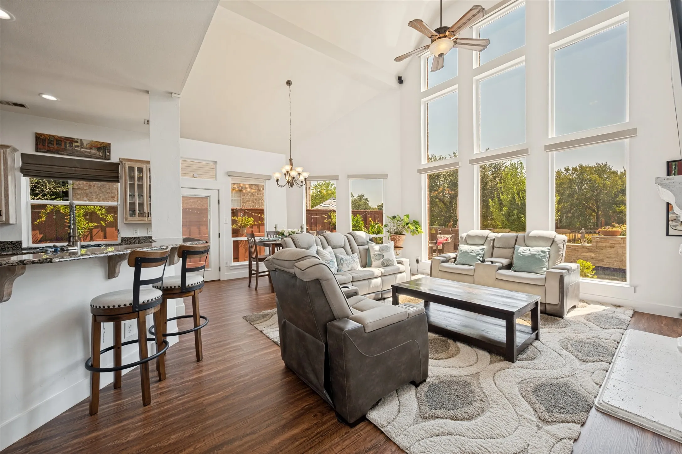 Soaring vaulted ceiling with fabulous views of the backyard
