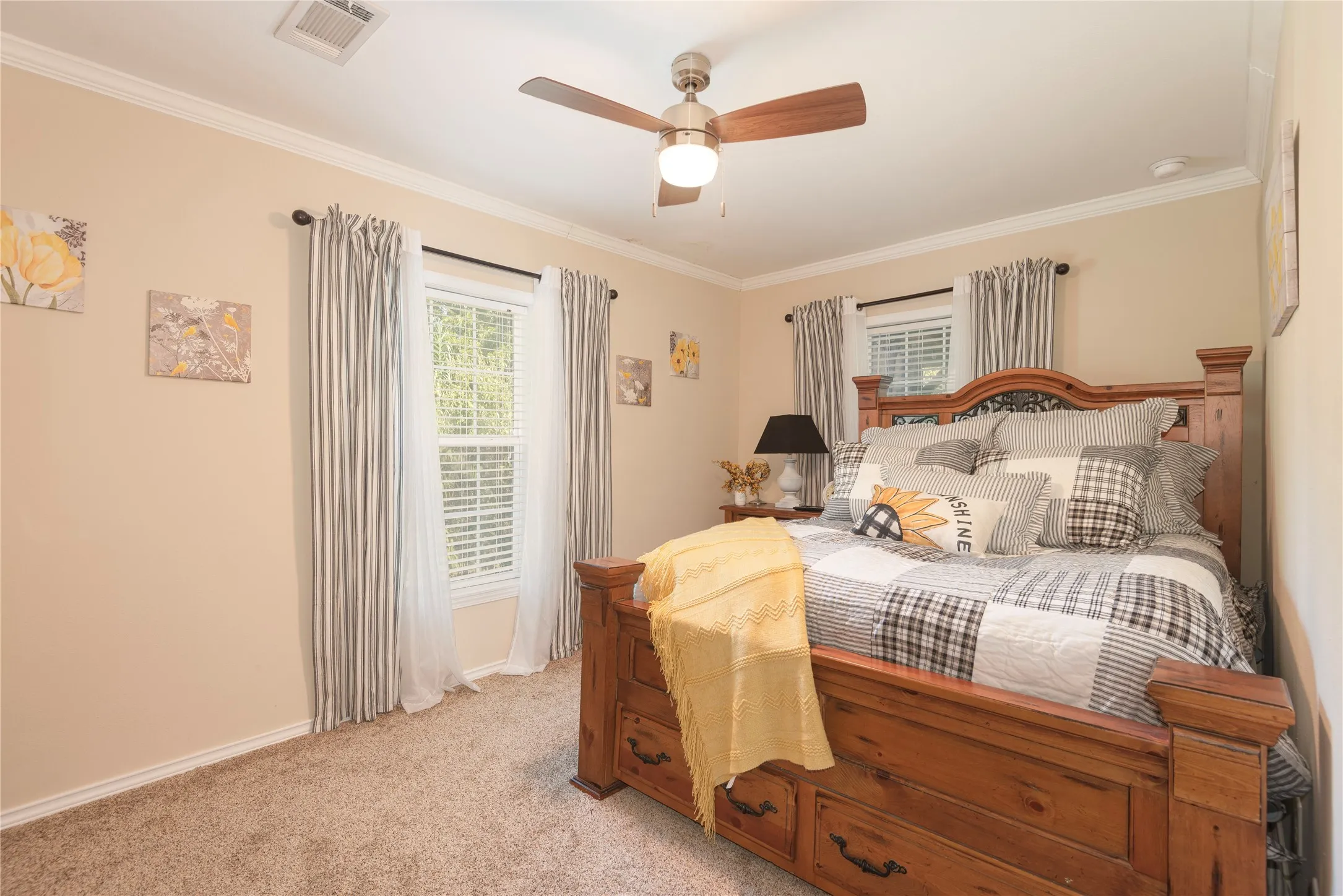 Ceiling fan with light fixture, crown molding, double windows, beige wall paint, and carpeted flooring