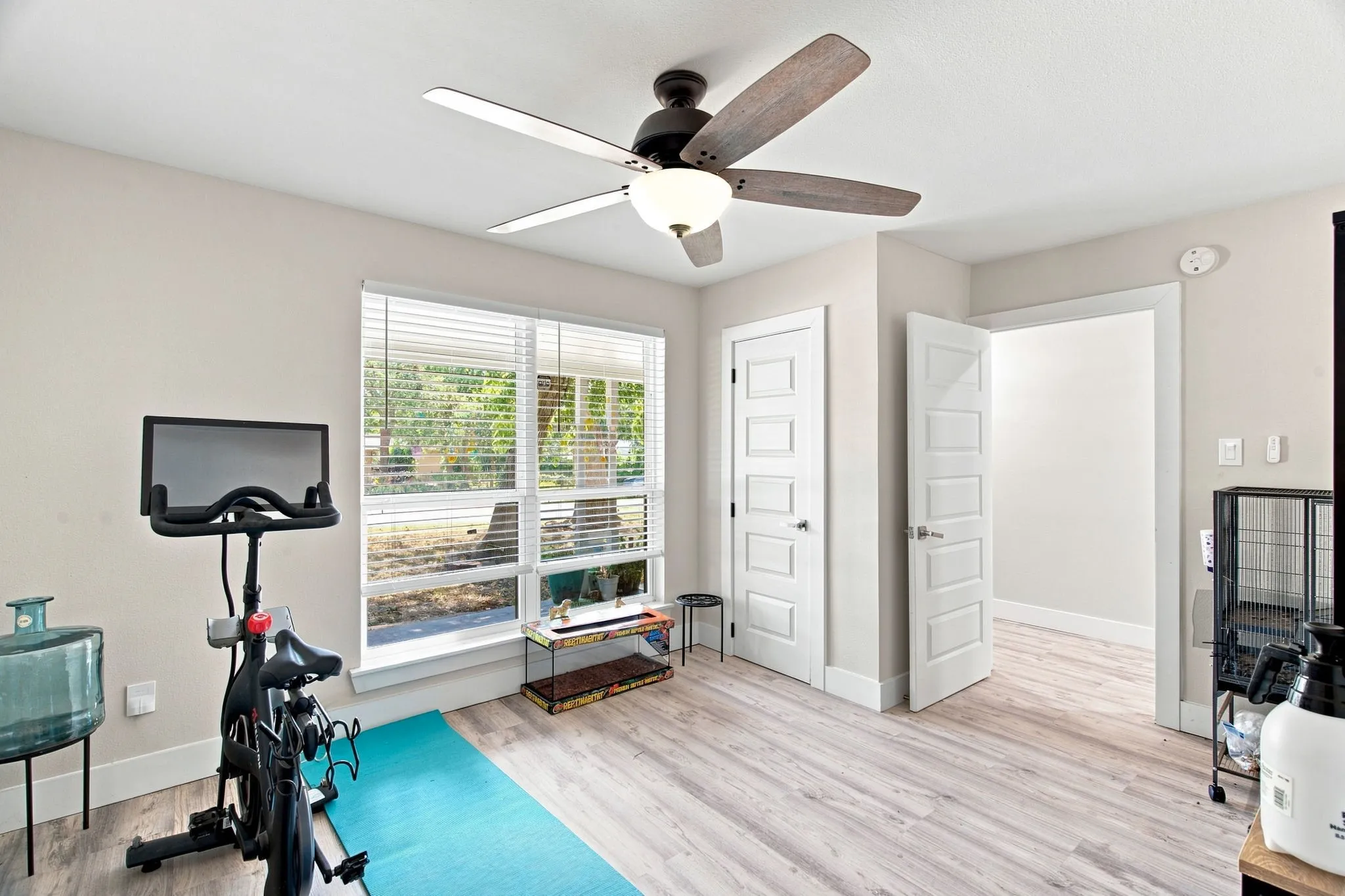 Light-toned wood-finish flooring, two white panel doors, and a ceiling fan with integrated lighting