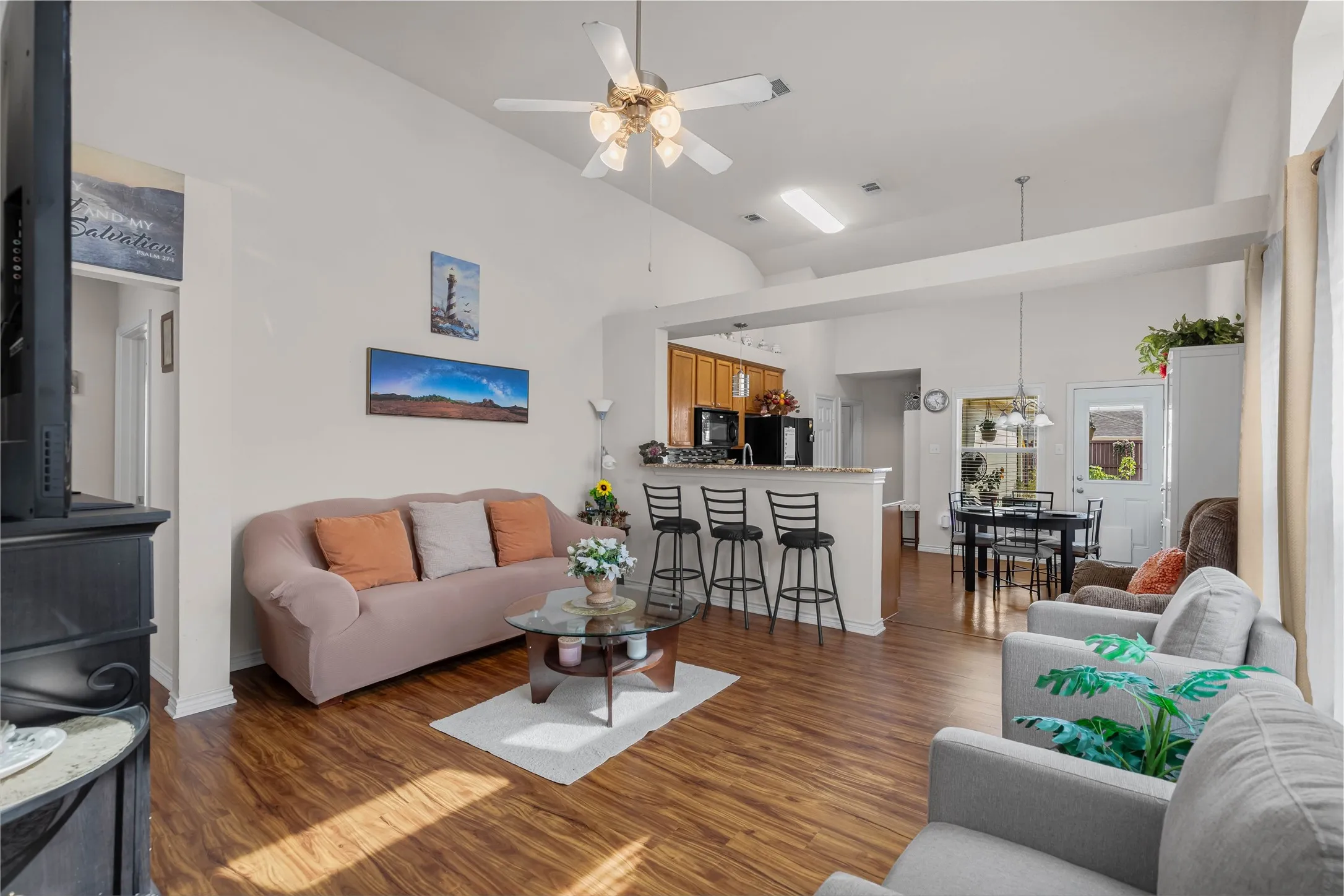 Home offers wood look flooring throughout