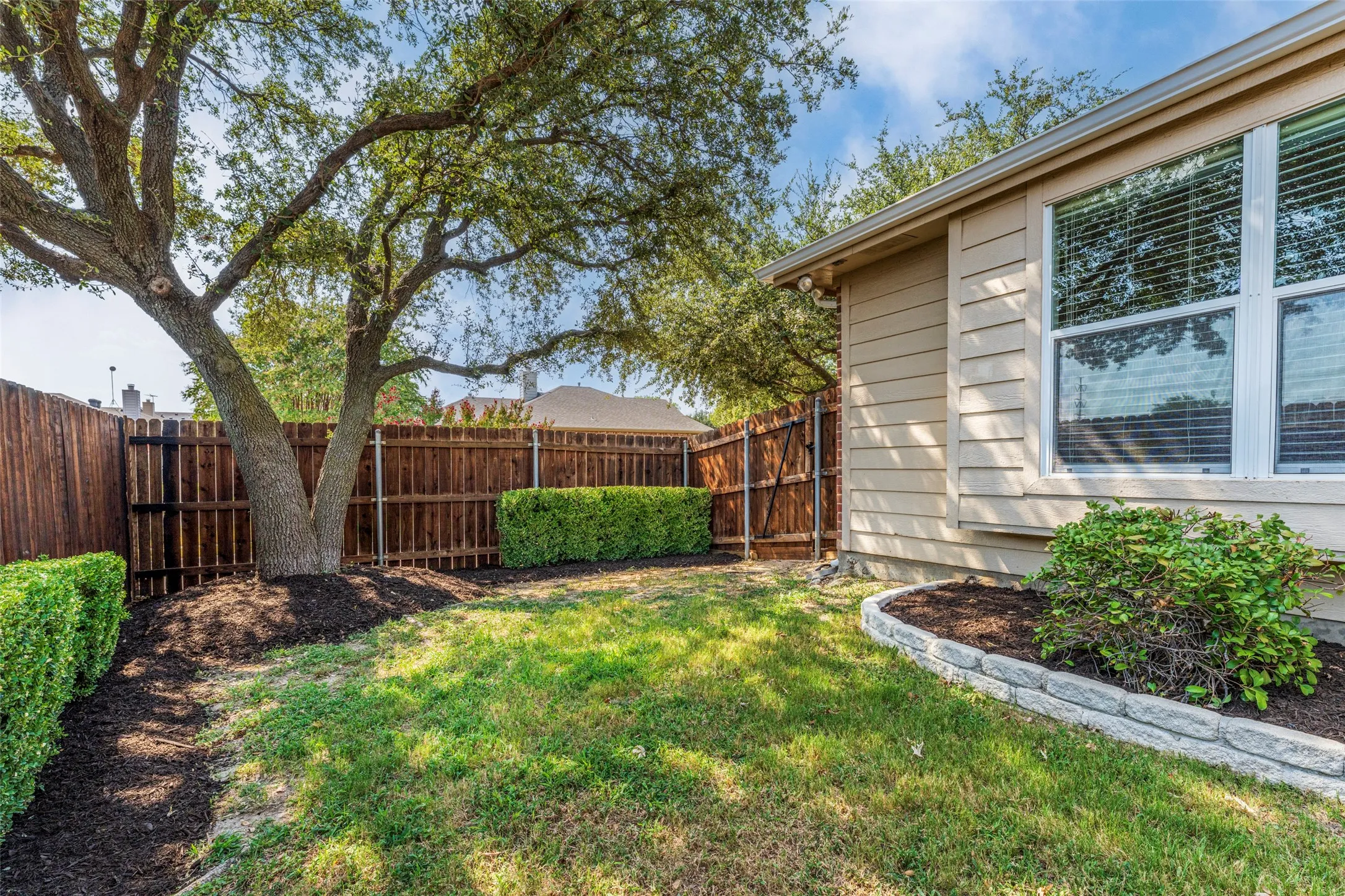 Private fenced yard featuring a mature tree, manicured hedges, and a stone-edged planting bed