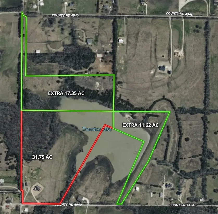 Aerial Map. Illustrating property boundaries, acreage divisions, and local roadways