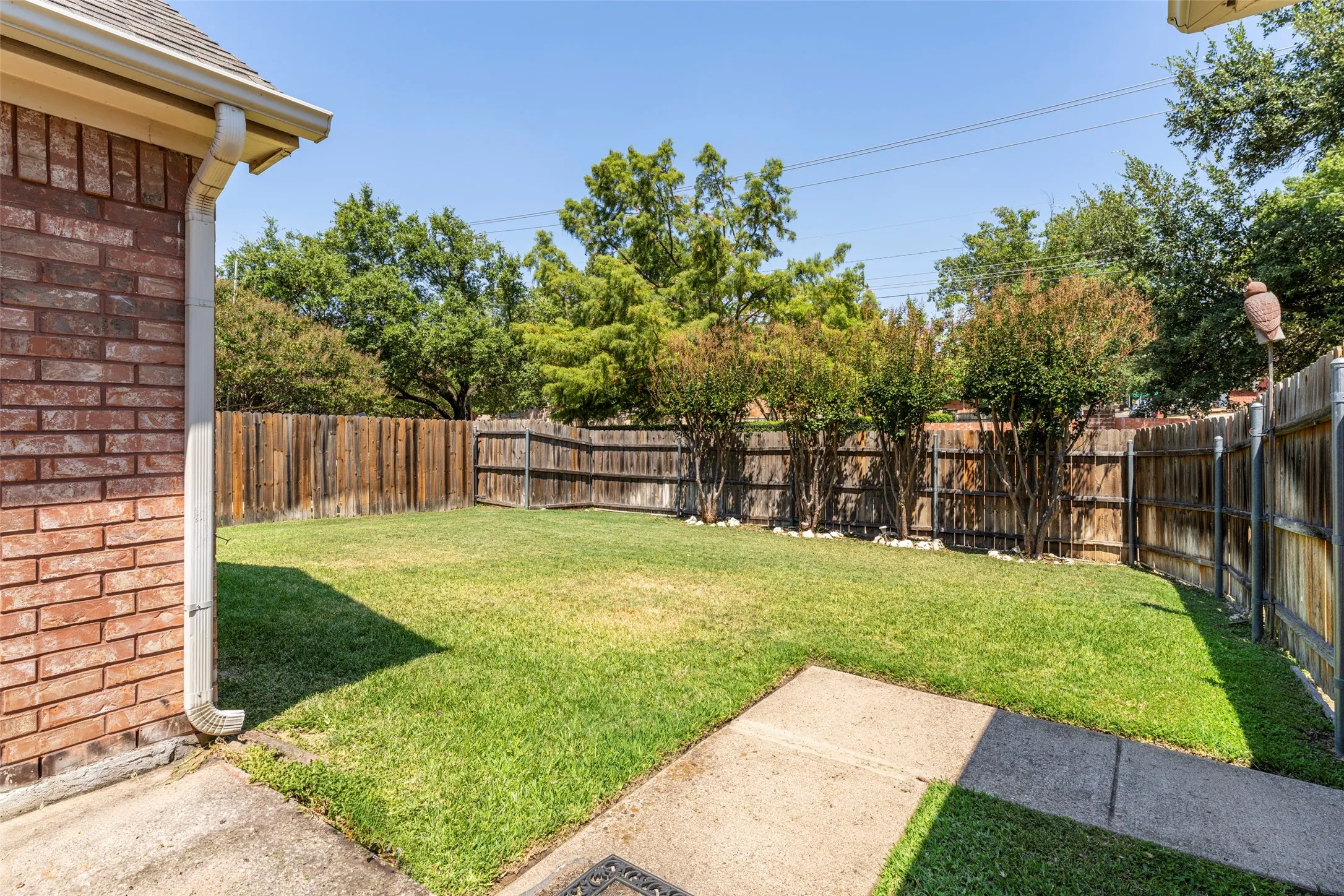 Expansive green lawn with mature trees and a wood privacy fence