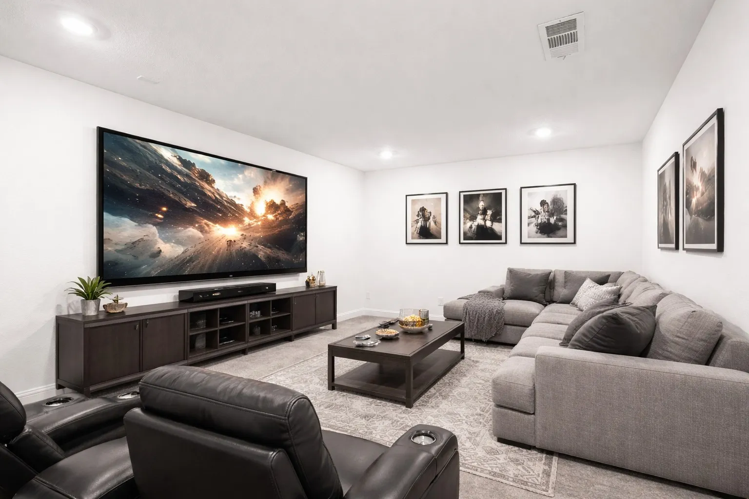 Carpeted living room with baseboards and recessed lighting