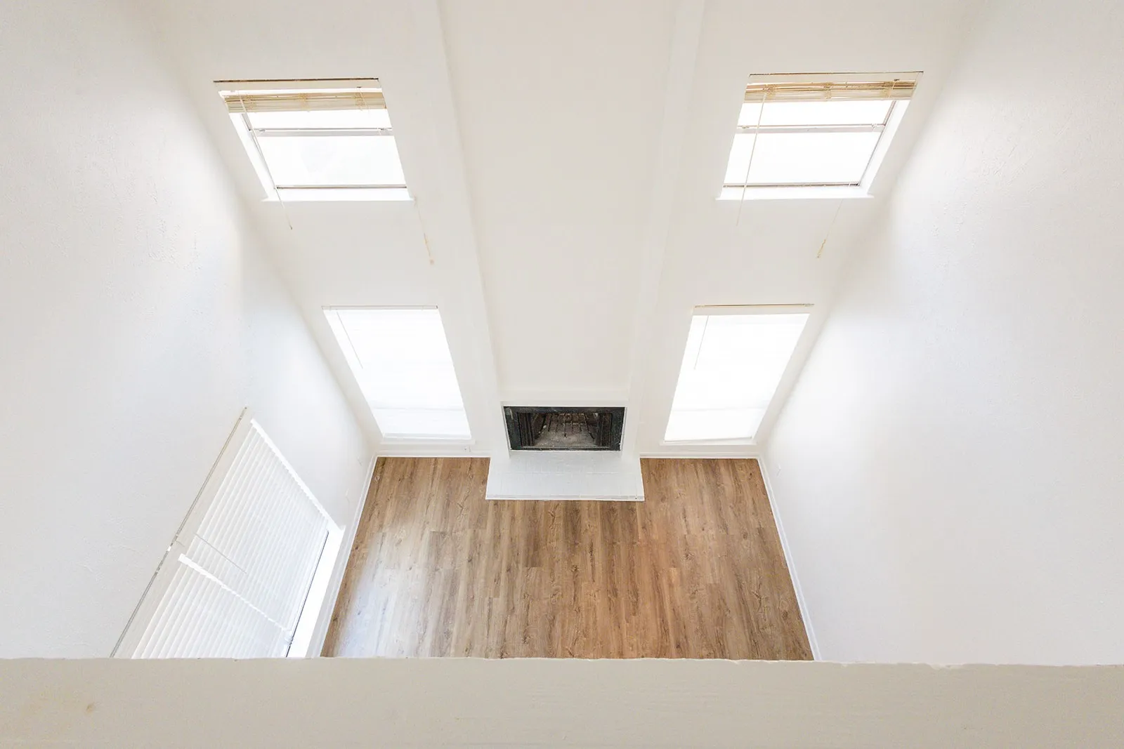 Vaulted ceiling with four skylights, wood-finish flooring, and a built-in fireplace