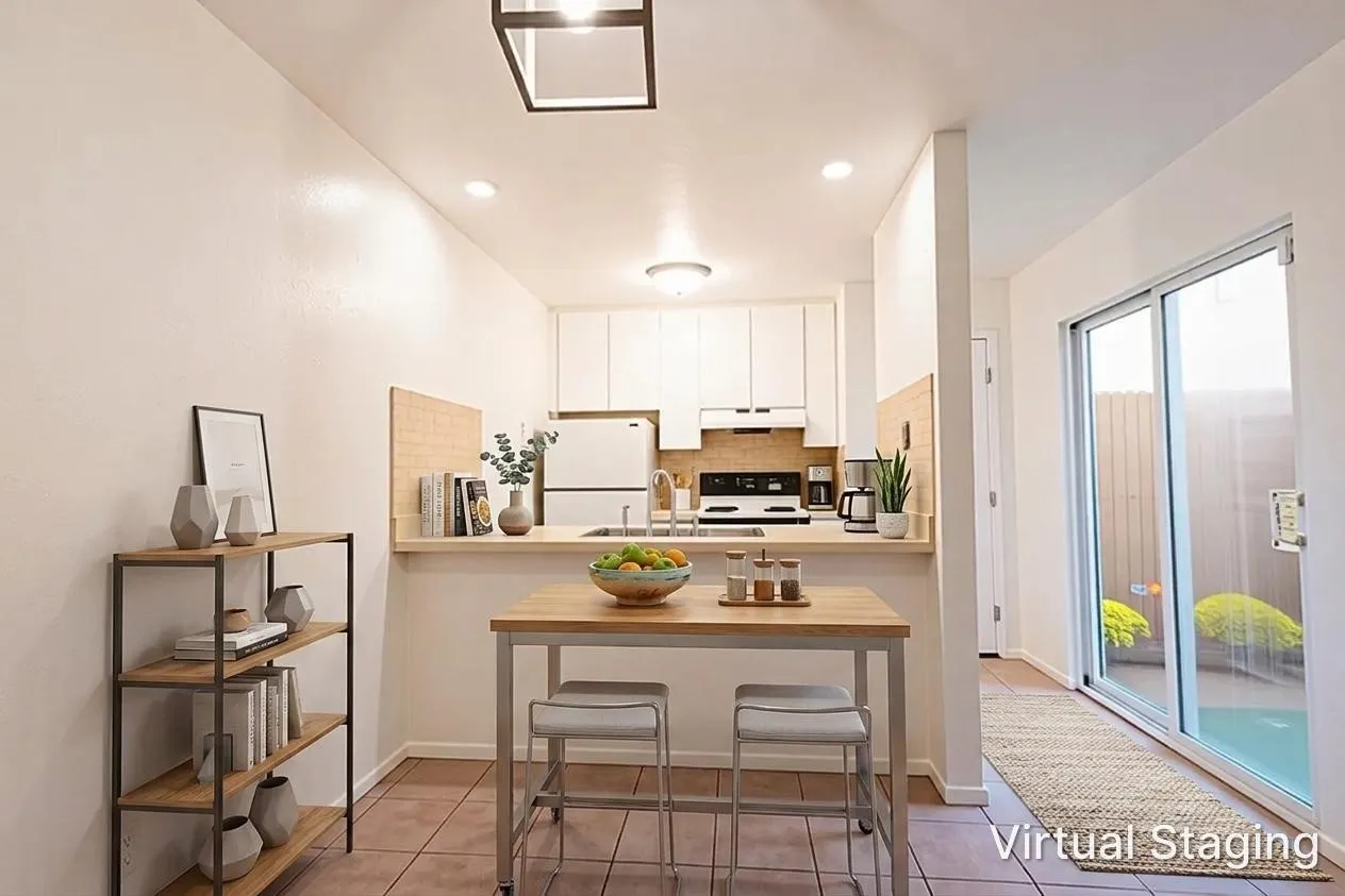 Kitchen featuring white cabinetry, tile backsplash, built-in appliances, and a pass-through counter