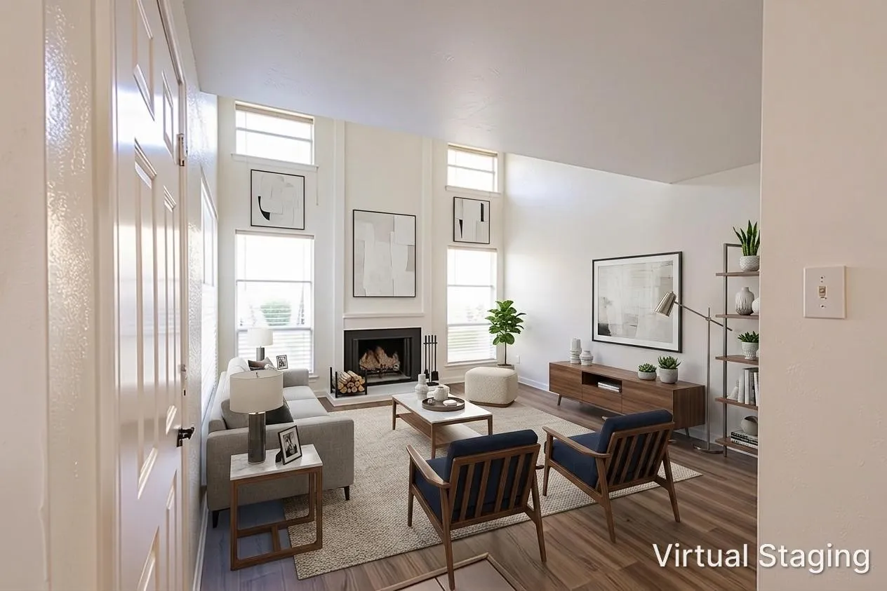 Vaulted ceiling with high windows, wood-finish flooring, built-in fireplace, and a large area rug