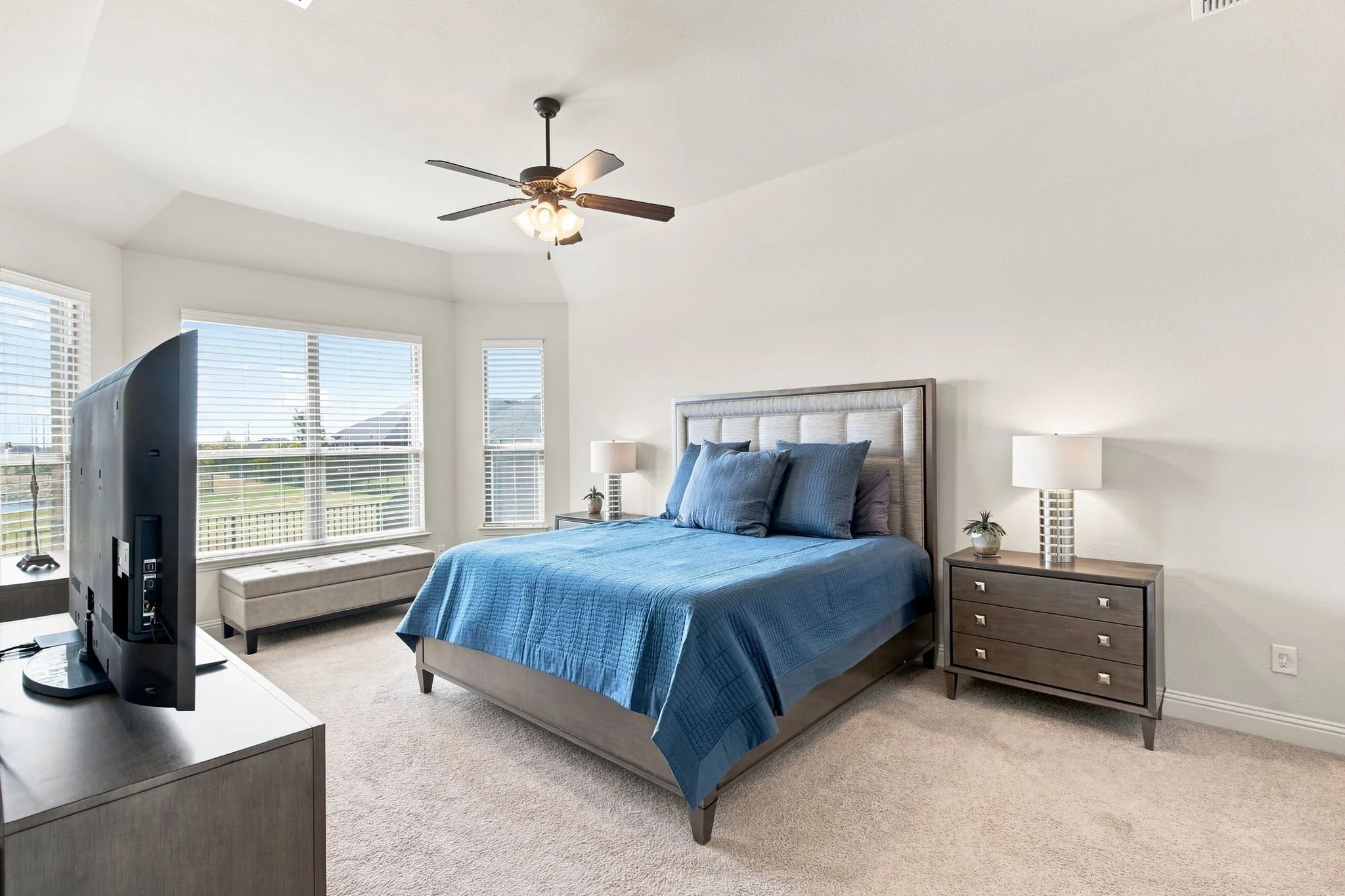 Carpeted room featuring a tray ceiling, multiple windows with blinds, and a ceiling fan