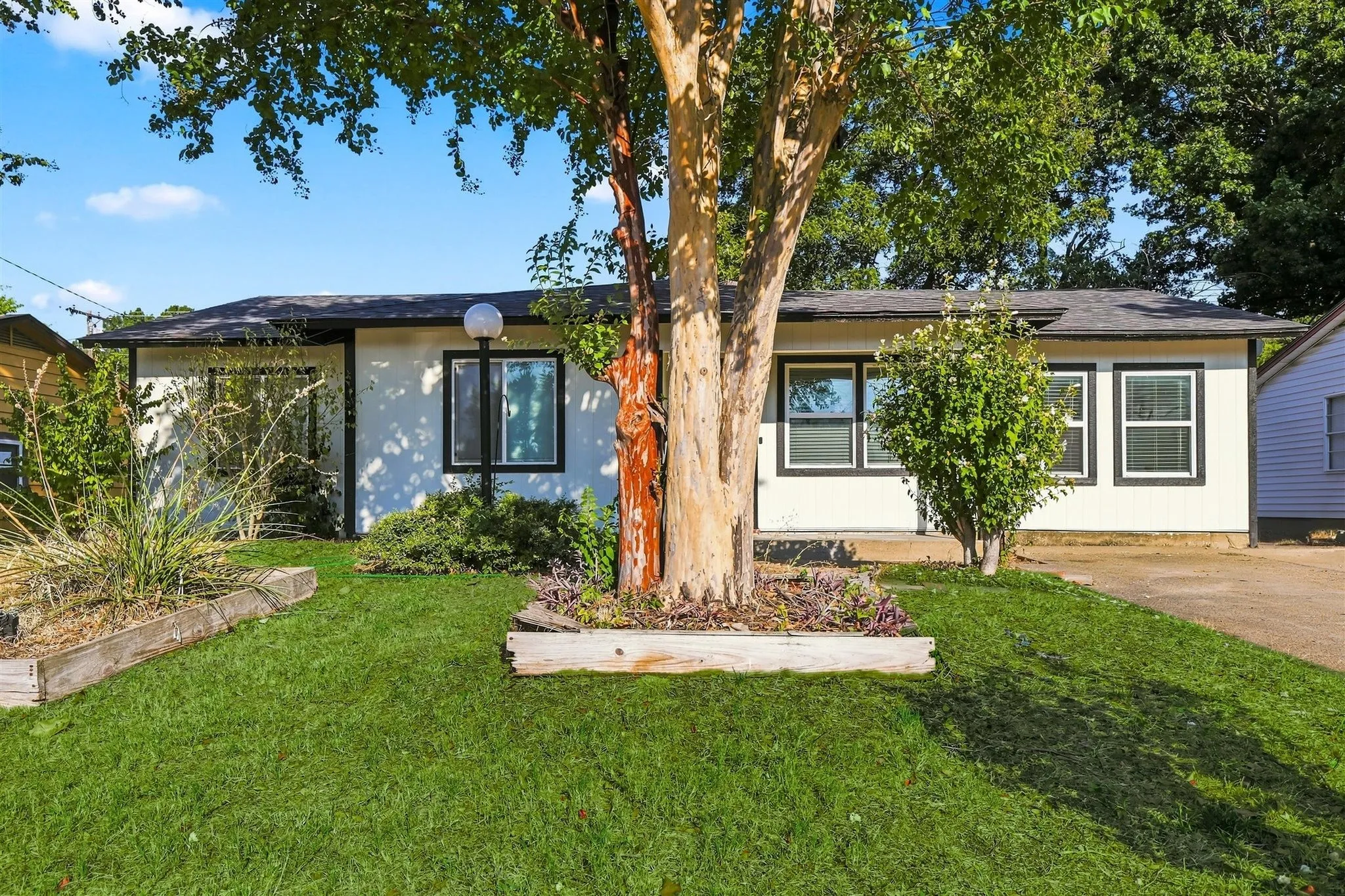 White stucco exterior with black trim windows, a dark shingle roof, and established landscaping