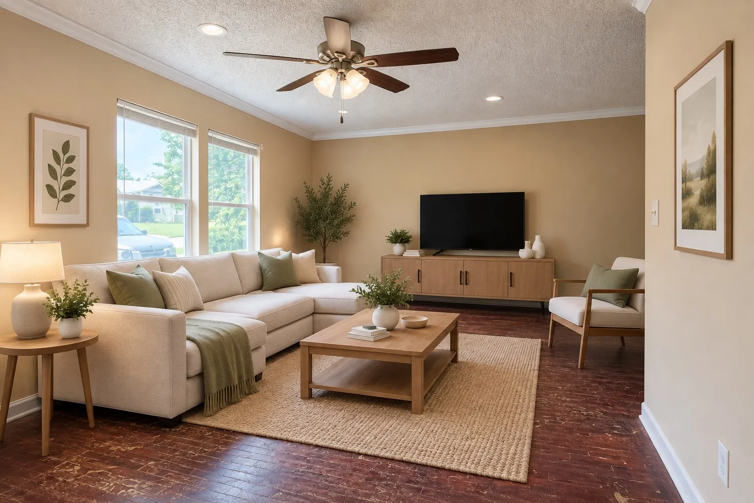 Recessed lighting, ceiling fan, wood-finish flooring, and multiple windows