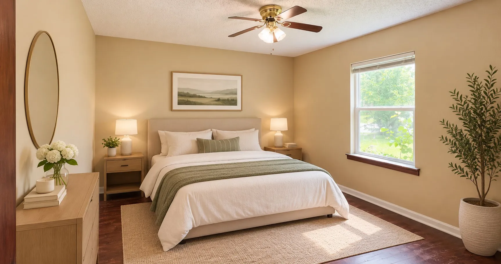 Wood-finish flooring, ceiling fan with integrated lighting, single window, and a fabric upholstered headboard