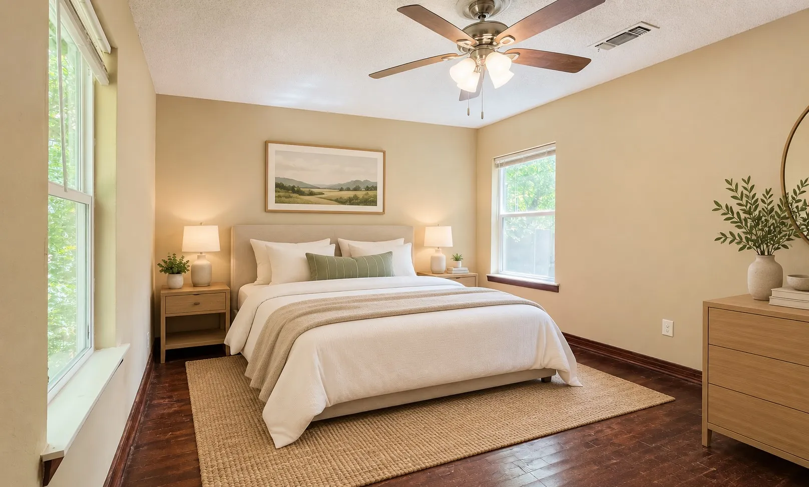 Hardwood flooring, light neutral-toned walls, and a ceiling fan with integrated lighting