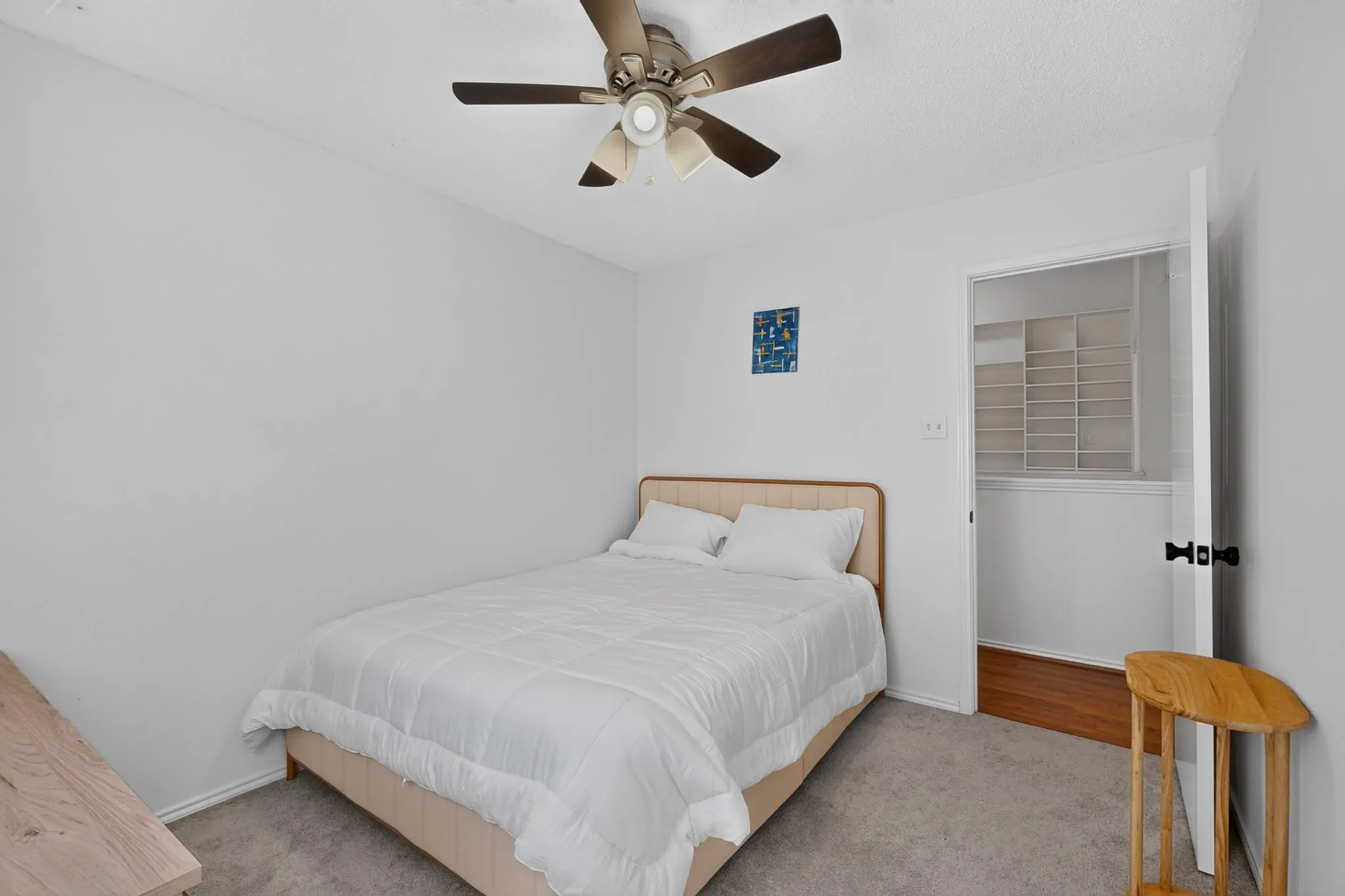 Carpeted flooring, ceiling fan with integrated lighting, white walls, built-in closet shelving, and wood-finish flooring in the closet