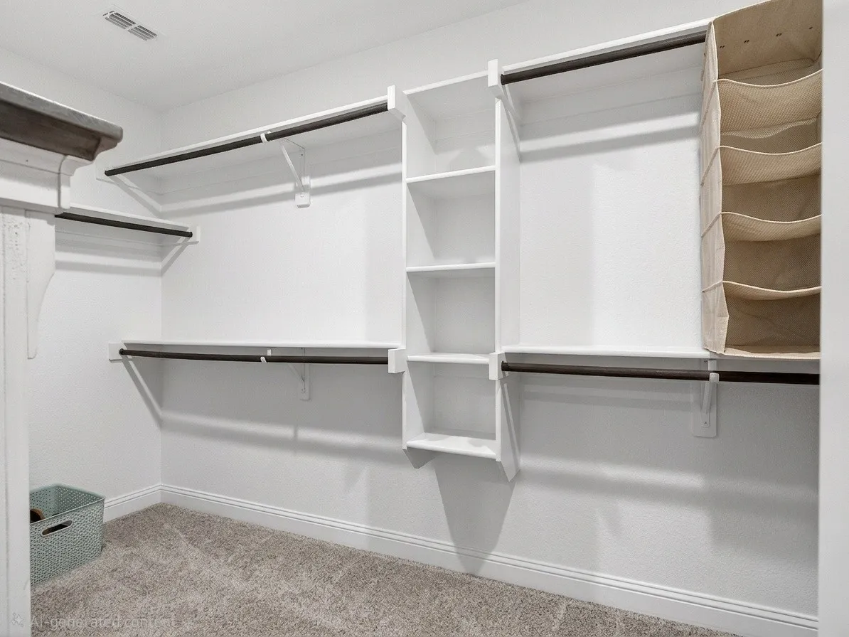 AI modified image of walk-in closet showing the large space for clothing and storage.