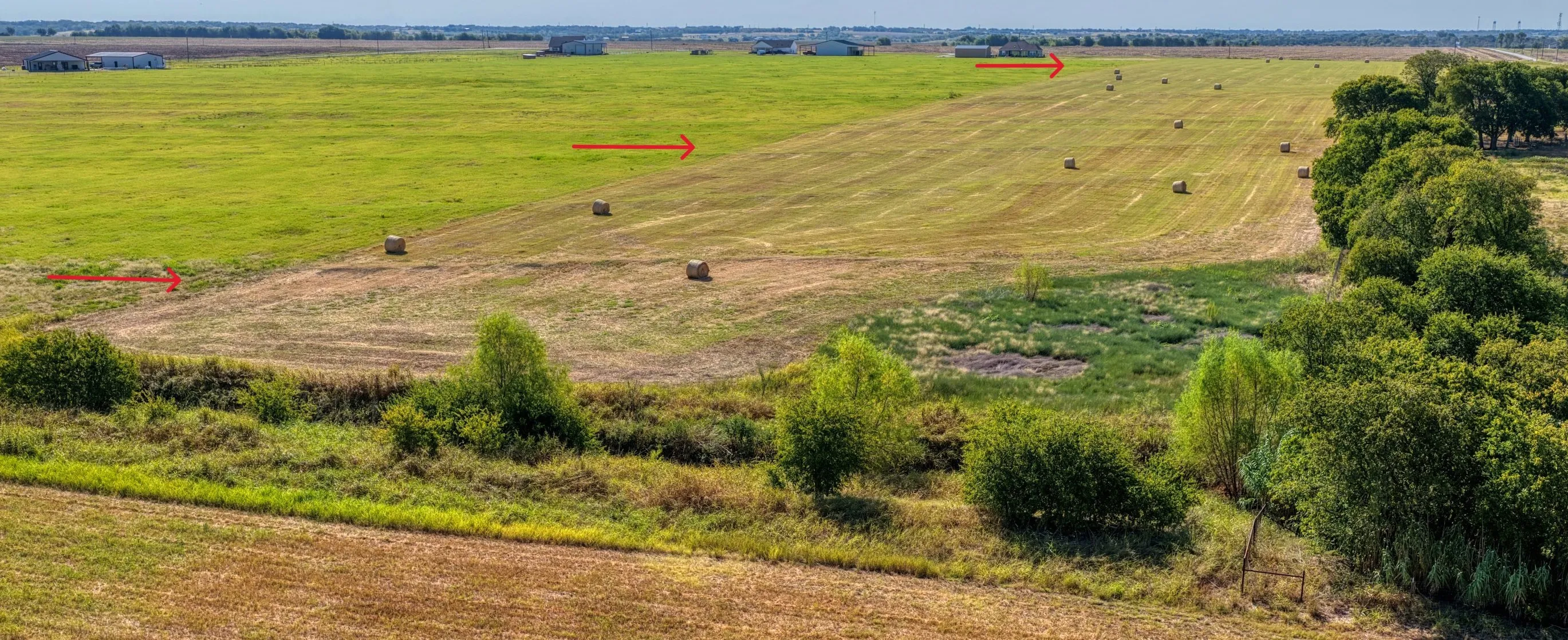 Expansive agricultural fields with scattered hay bales, bordered by a dense line of mature trees