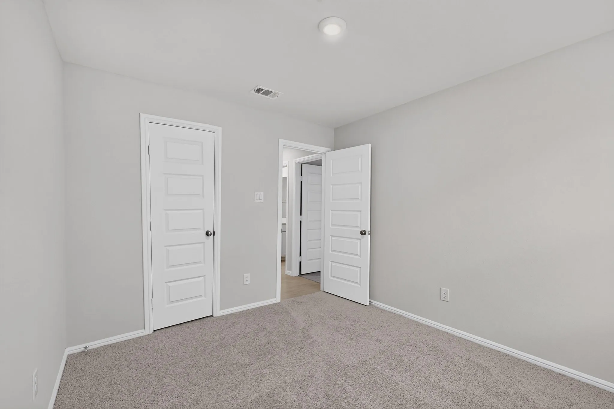 Plush carpeted flooring, neutral wall tones, and white trim