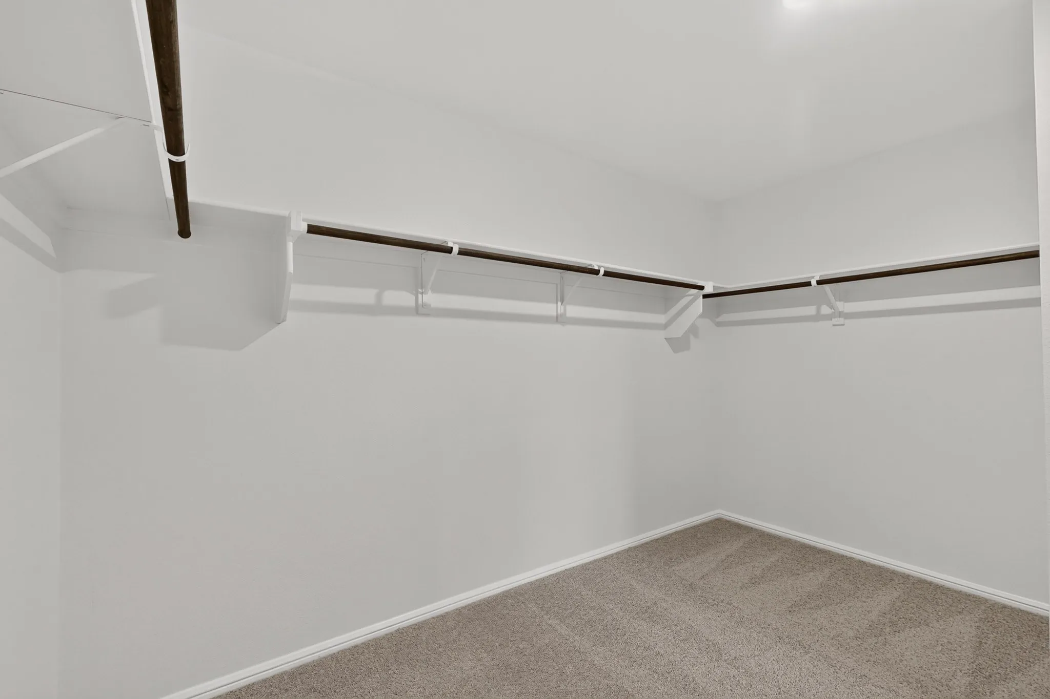 Recessed ceiling light, wall-mounted shelving, integrated hanging rods, and carpet flooring